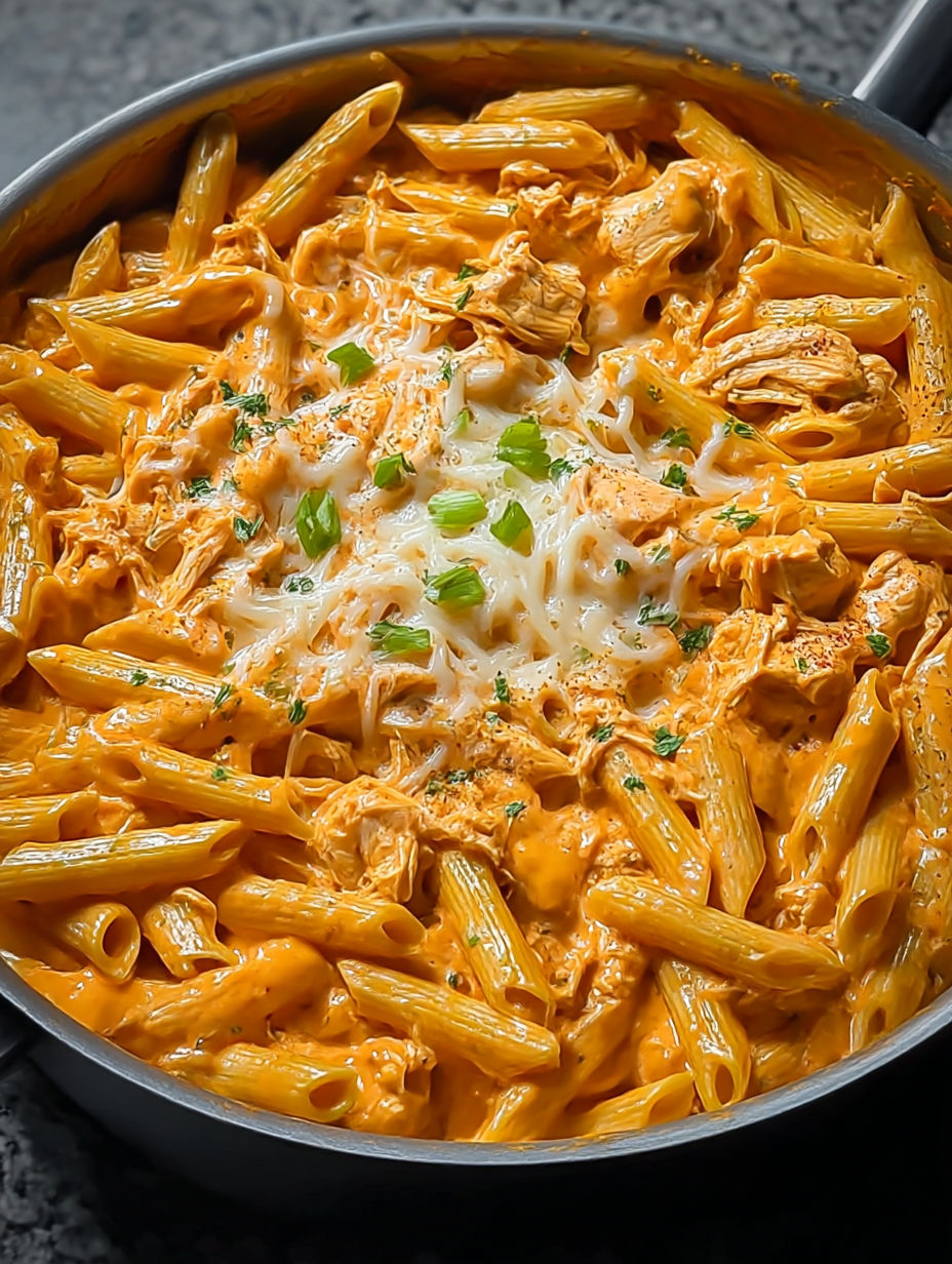 A bowl of pasta with chicken and cheese.