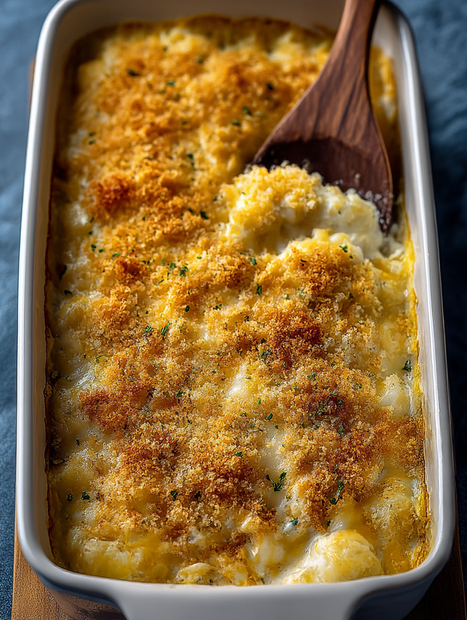 A close up of a casserole dish with a wooden spoon in it.