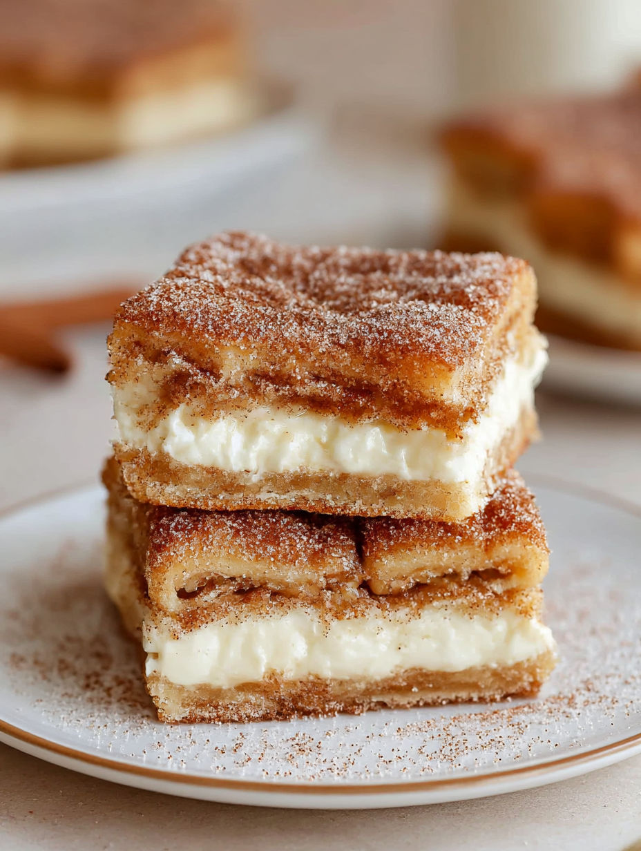 A stack of three cake slices with powdered sugar on top.