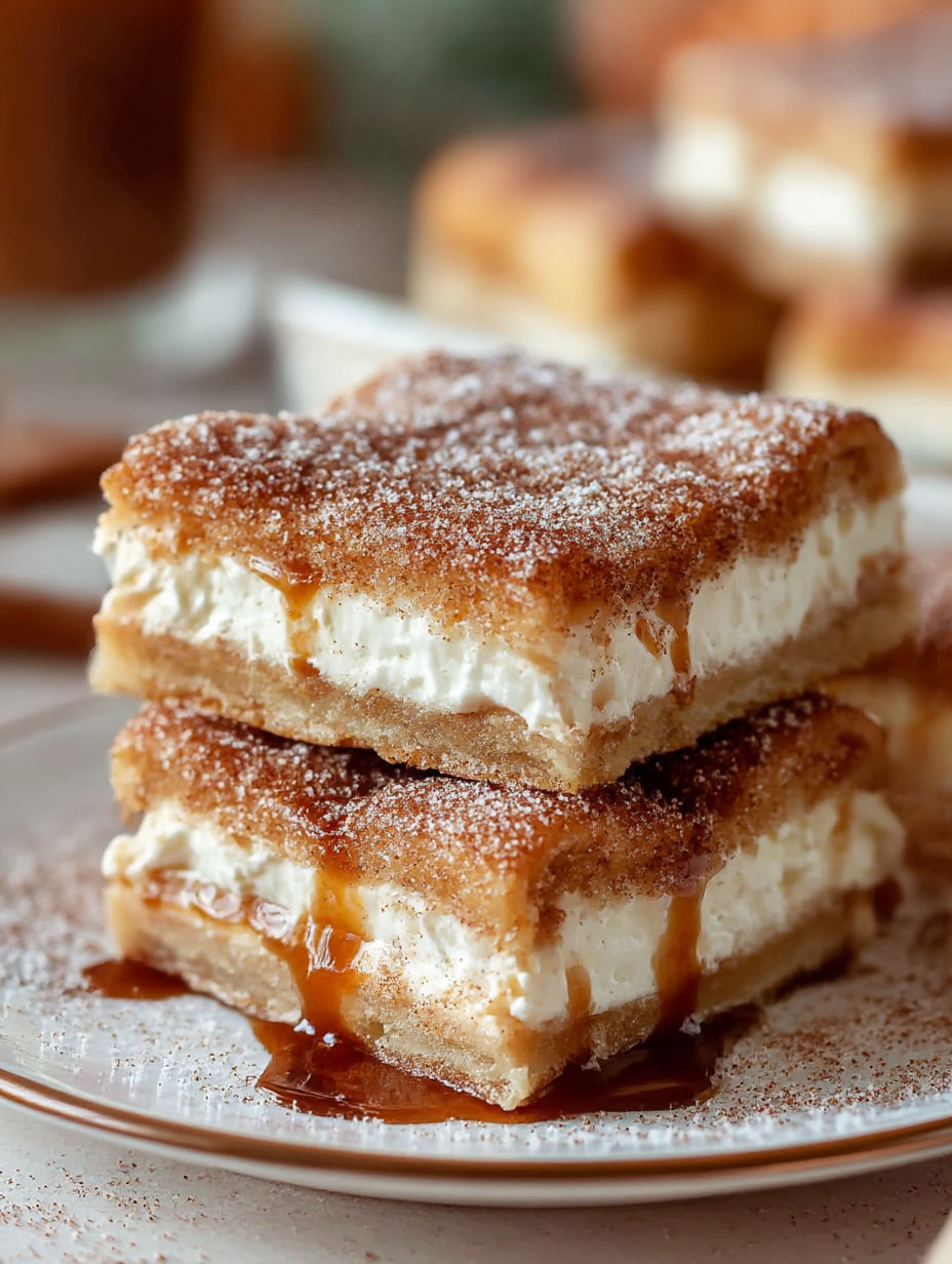 A stack of desserts with powdered sugar and caramel drizzle.