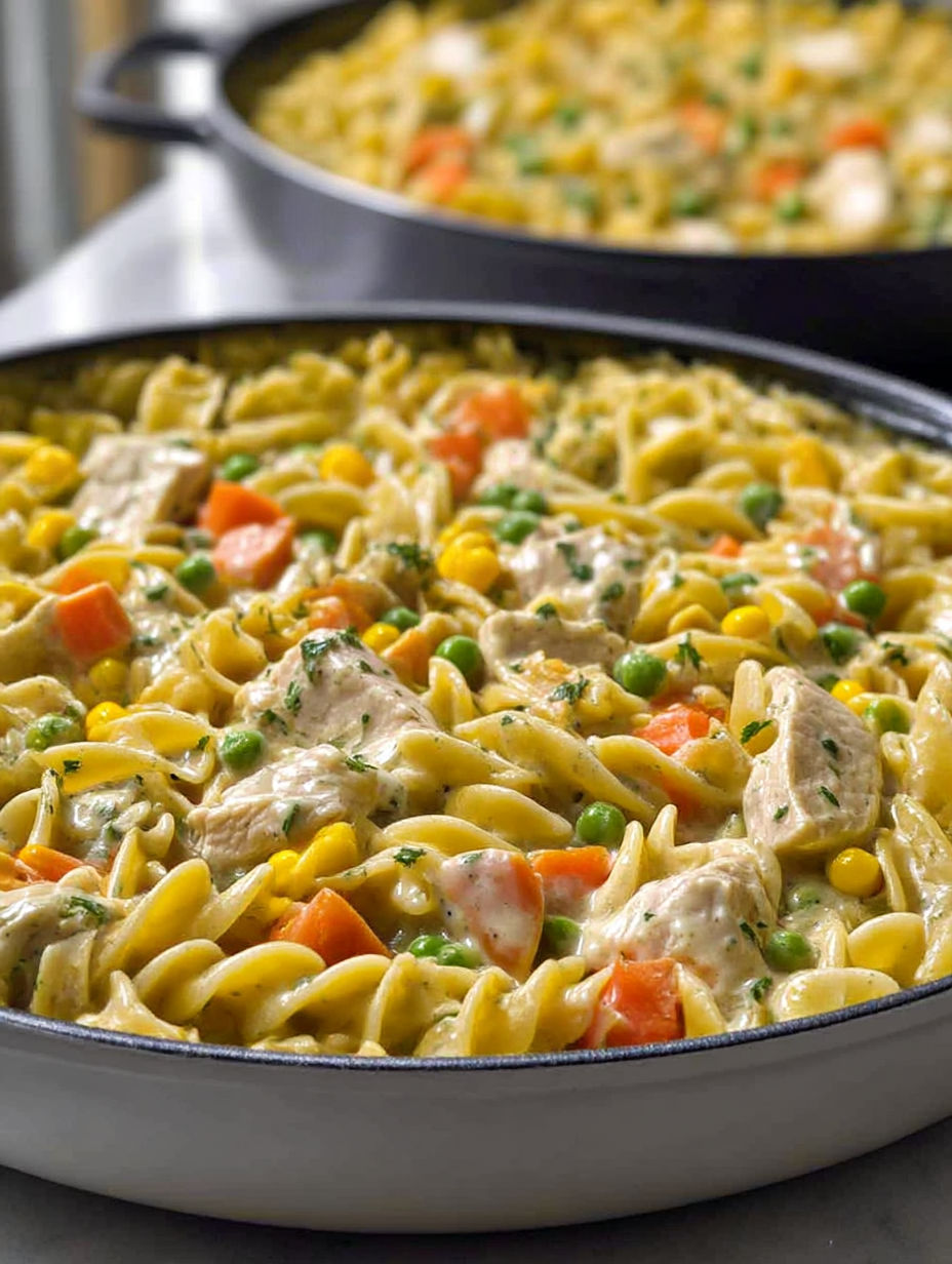 A pan of noodles with meat and vegetables.
