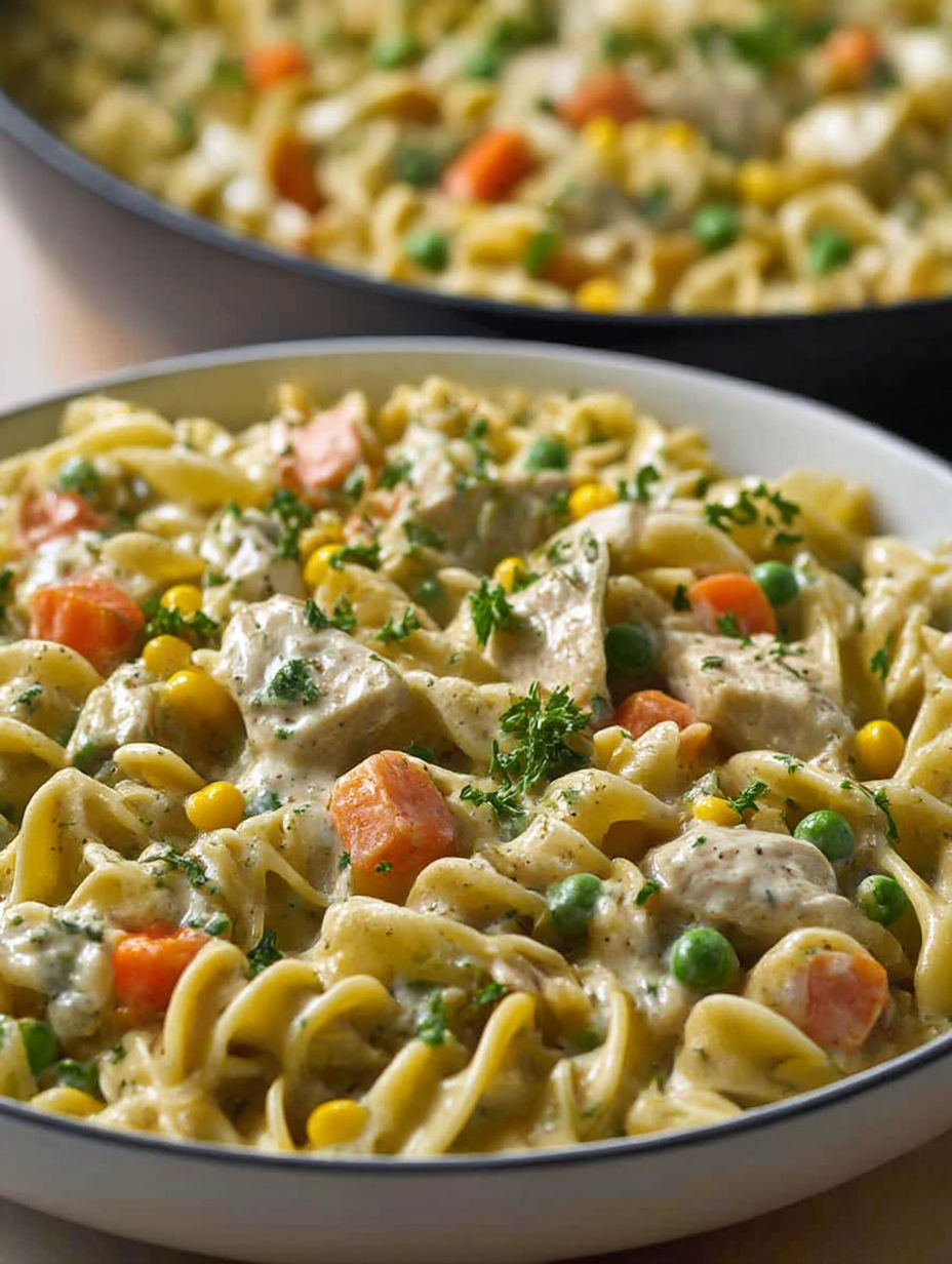 A bowl of pasta with vegetables and meat.