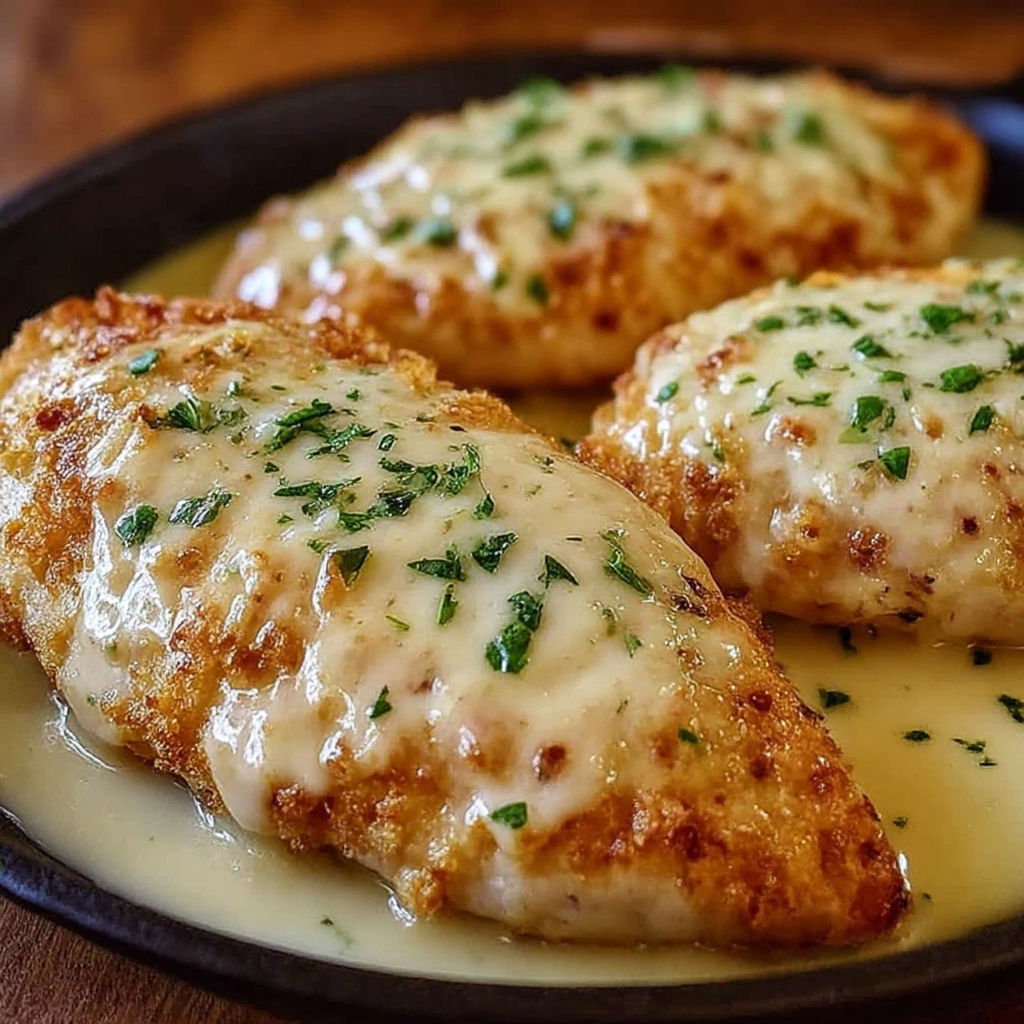 A plate of chicken with a creamy sauce.