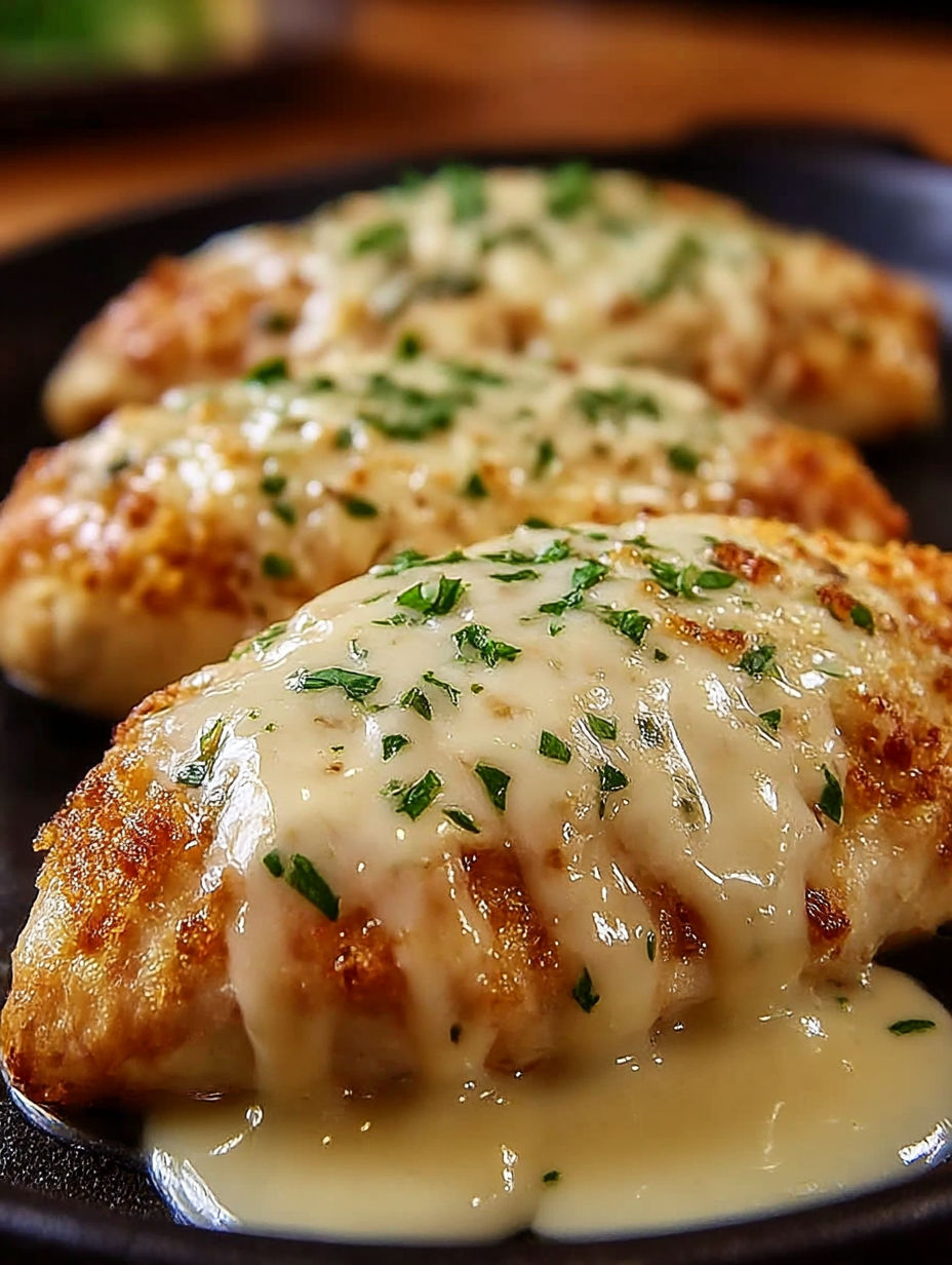 A plate of chicken with cheese on top.