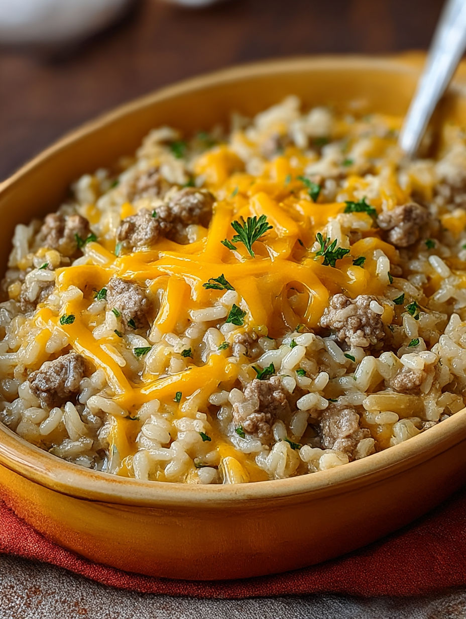 A bowl of rice with meat and cheese.