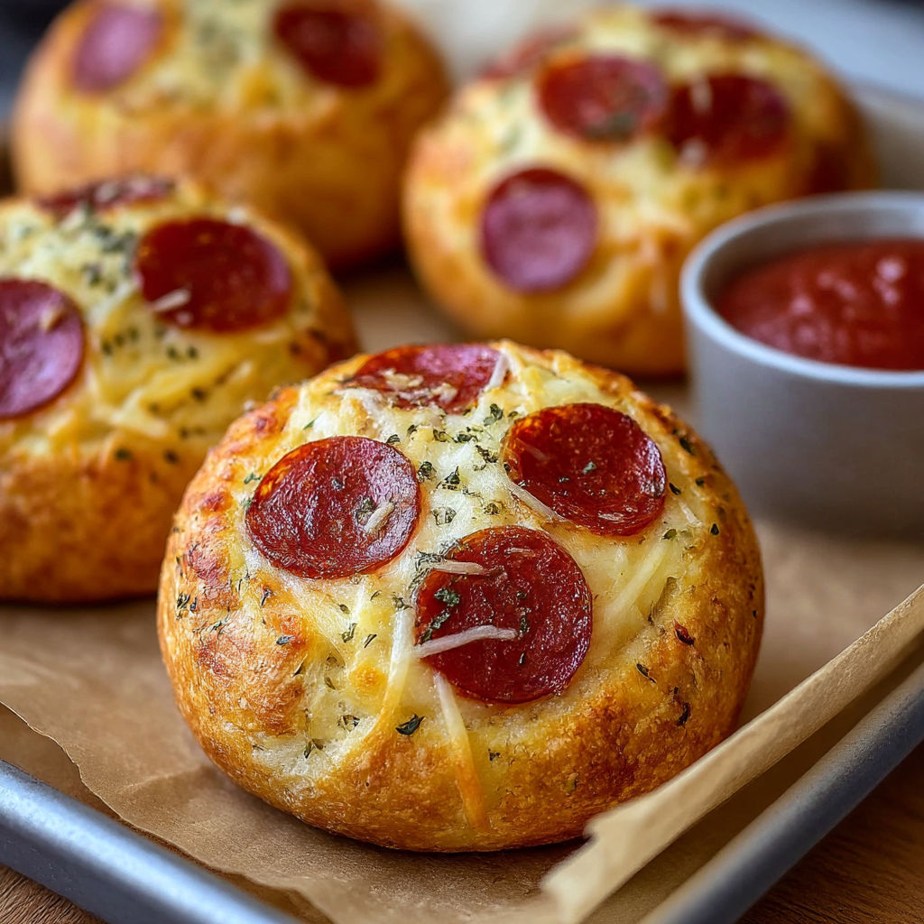 Two pepperoni and cheese breads on a tray.