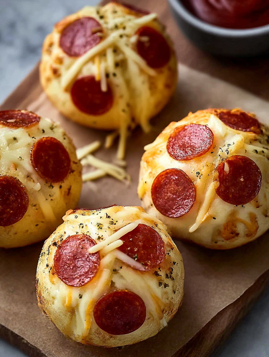 Three pepperoni pizza bites on a wooden board.