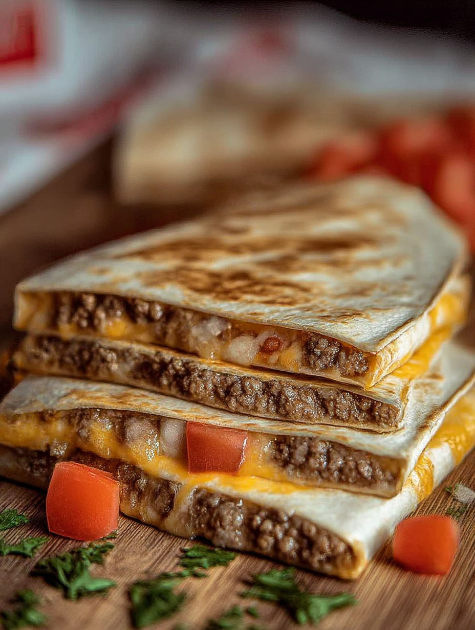 A stack of three quesadillas with cheese and tomatoes.