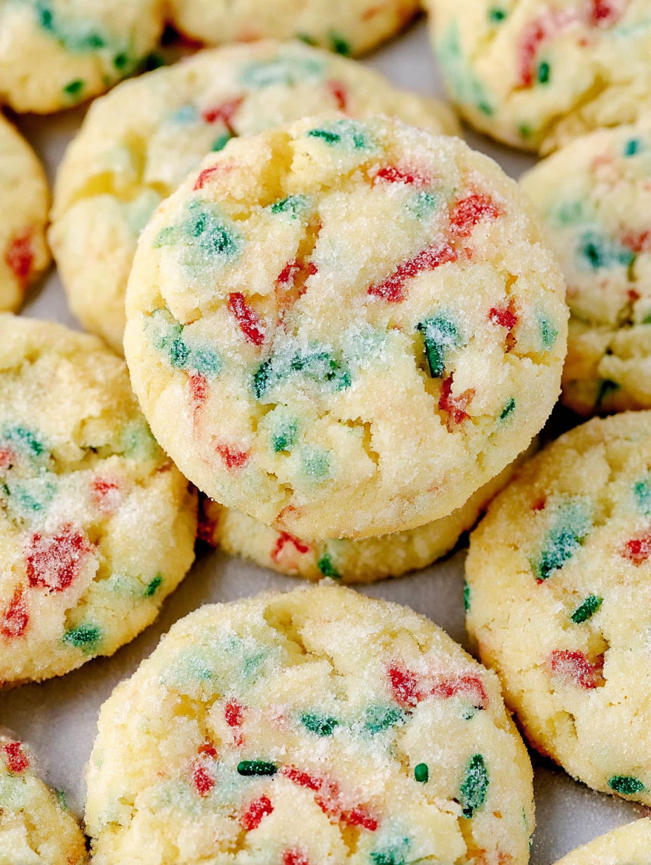 A close up of a cookie with red, green and yellow sprinkles.