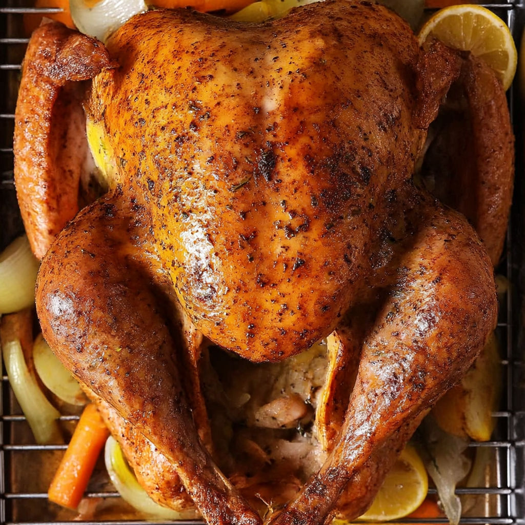 A roasted chicken with a lemon on top.