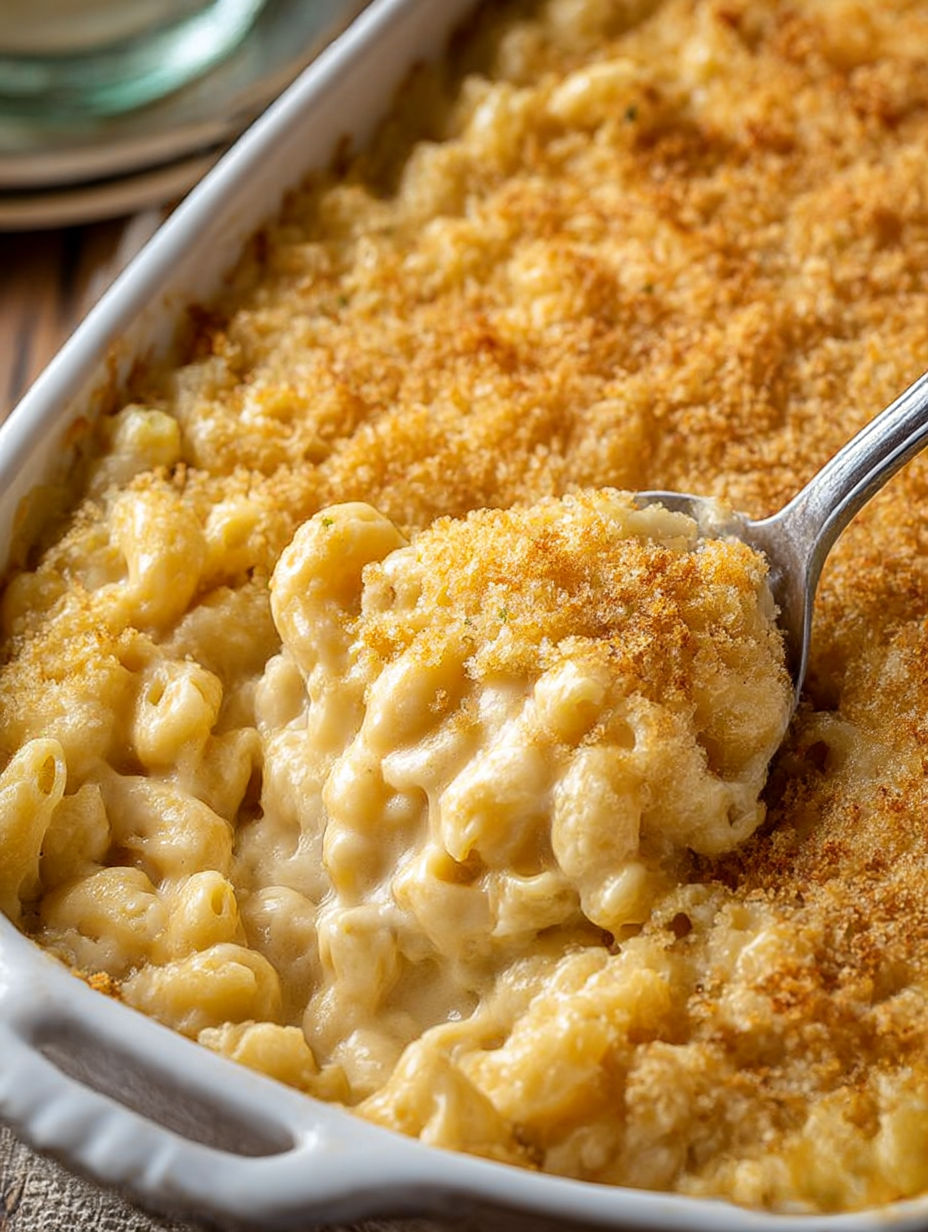 A spoon is in a bowl of macaroni and cheese.