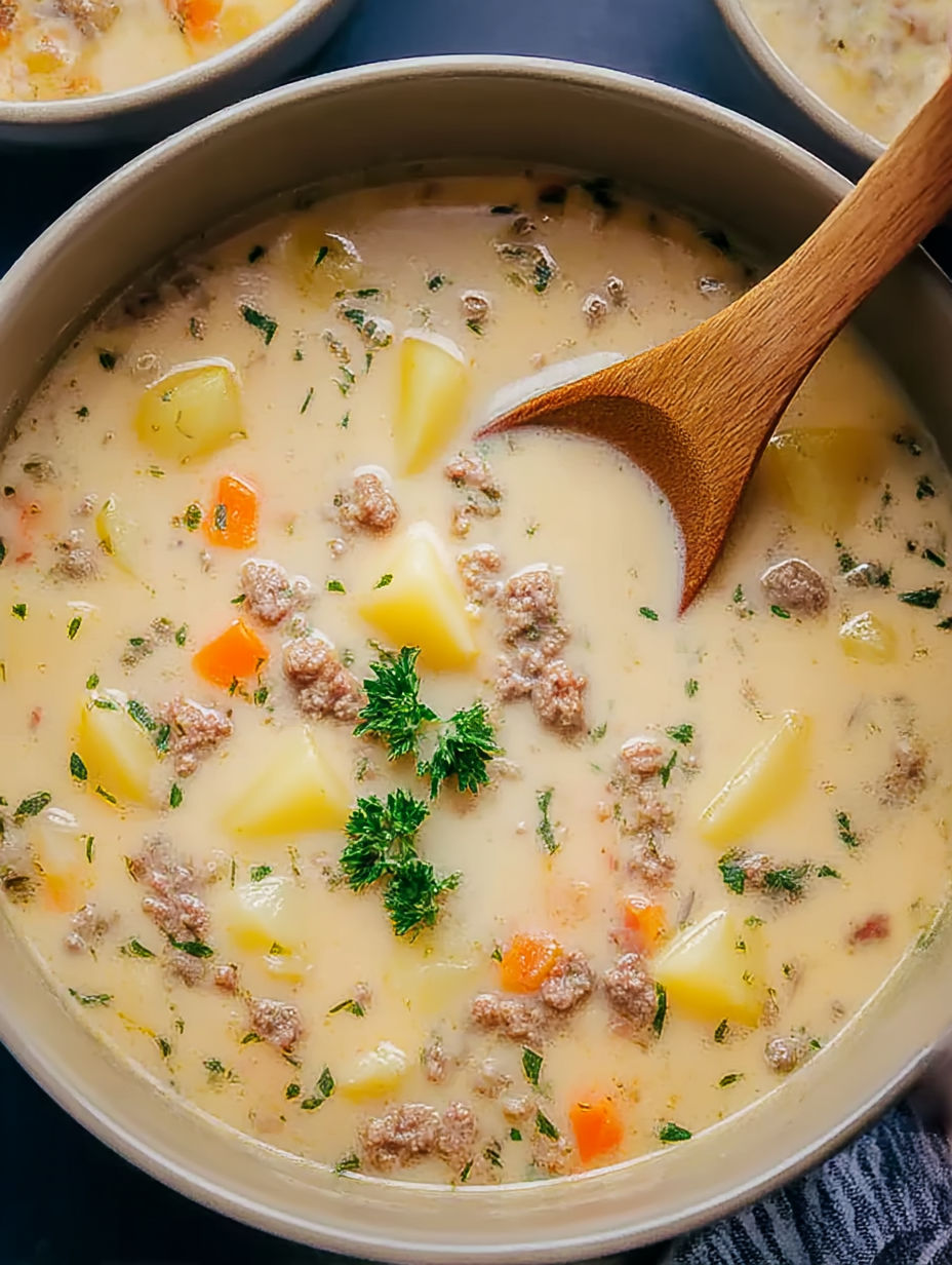 A wooden spoon in a bowl of soup.