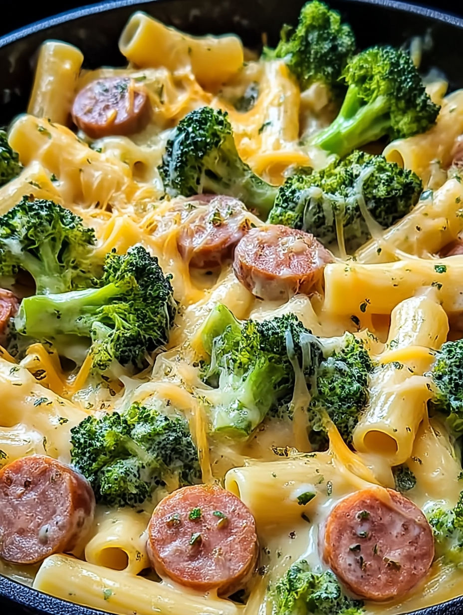 A plate of food with broccoli and sausage.
