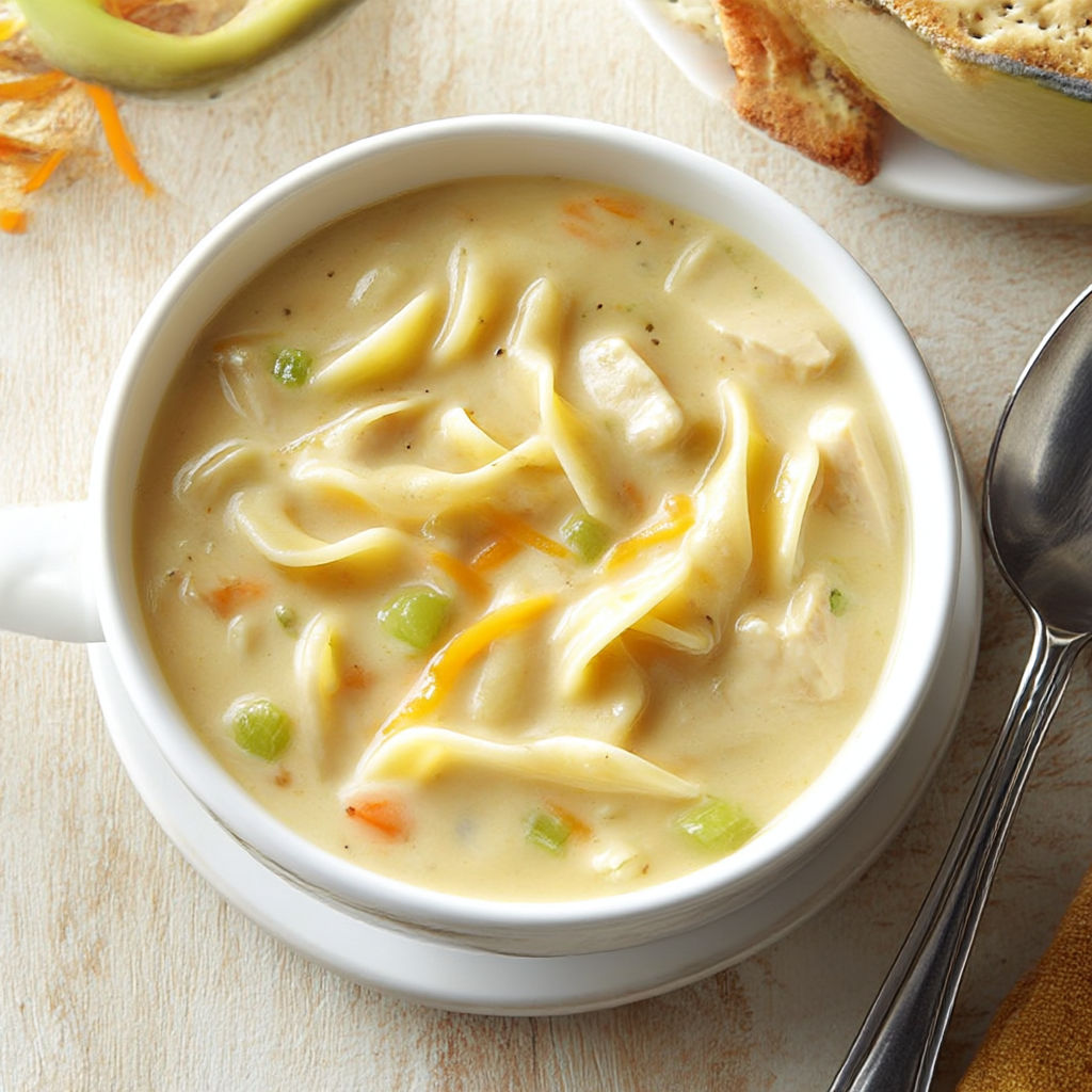 A bowl of soup with chicken and vegetables.