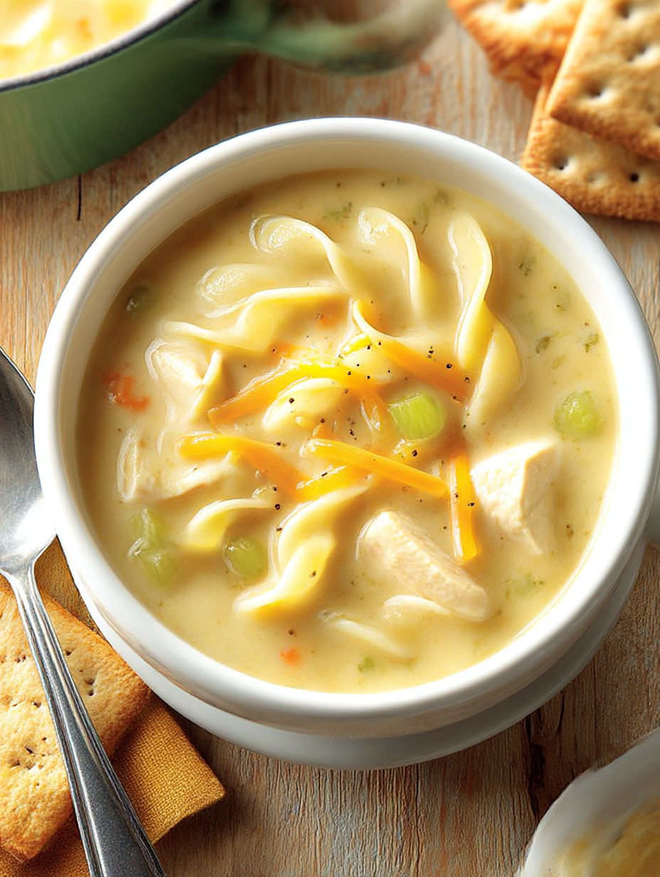 A bowl of soup with chicken and vegetables.