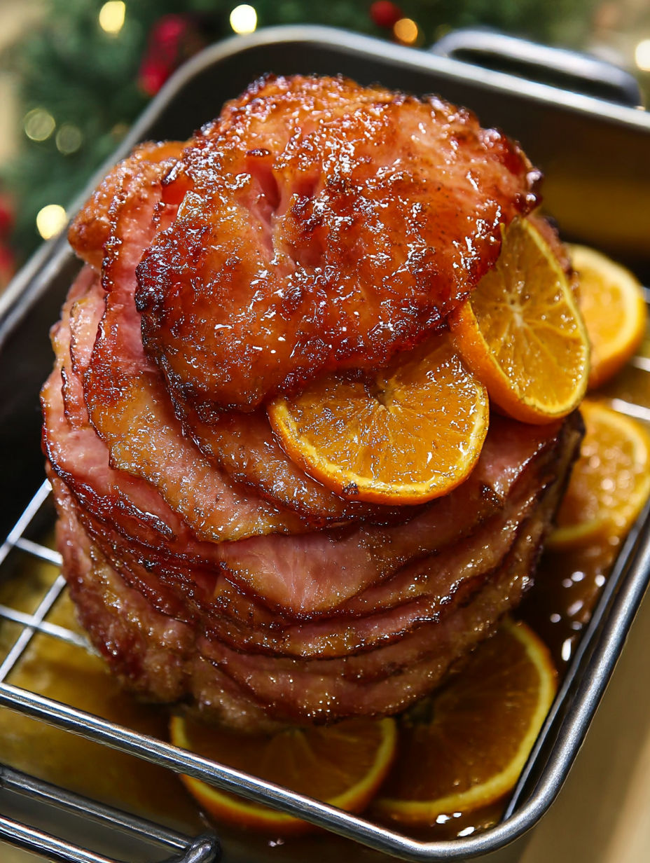 A stack of ham slices with orange slices on top.