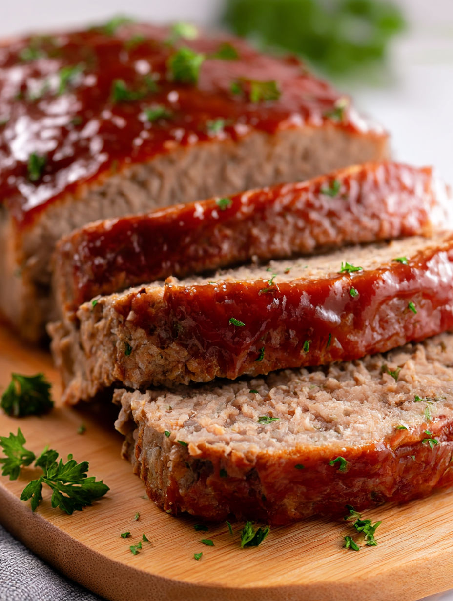 A piece of meat with a green herb on top.