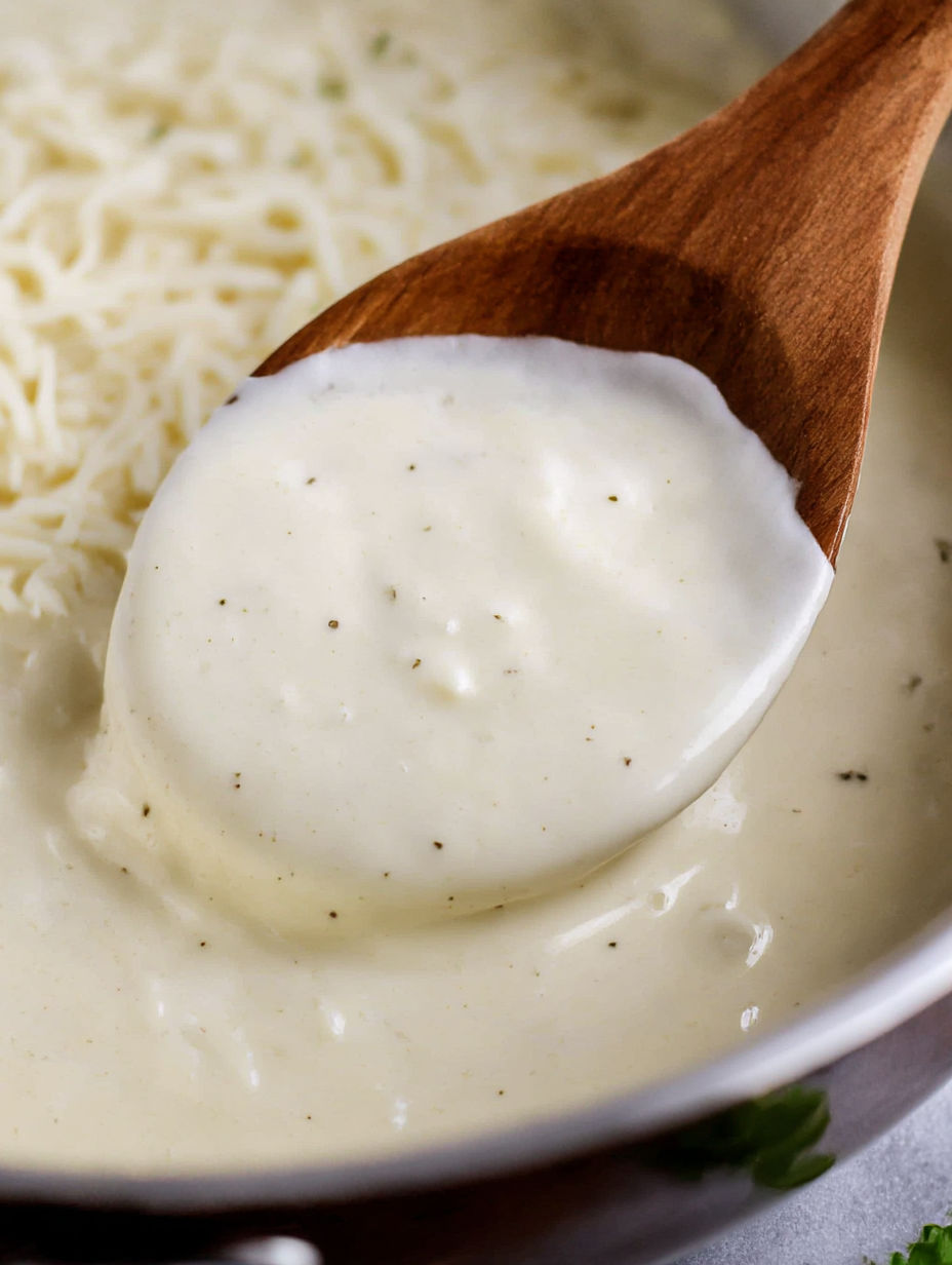 A wooden spoon in a bowl of cream.