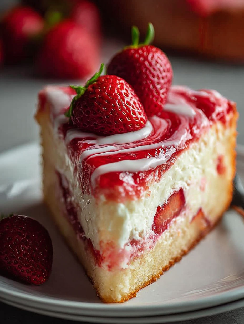 A slice of cake with strawberries on top.