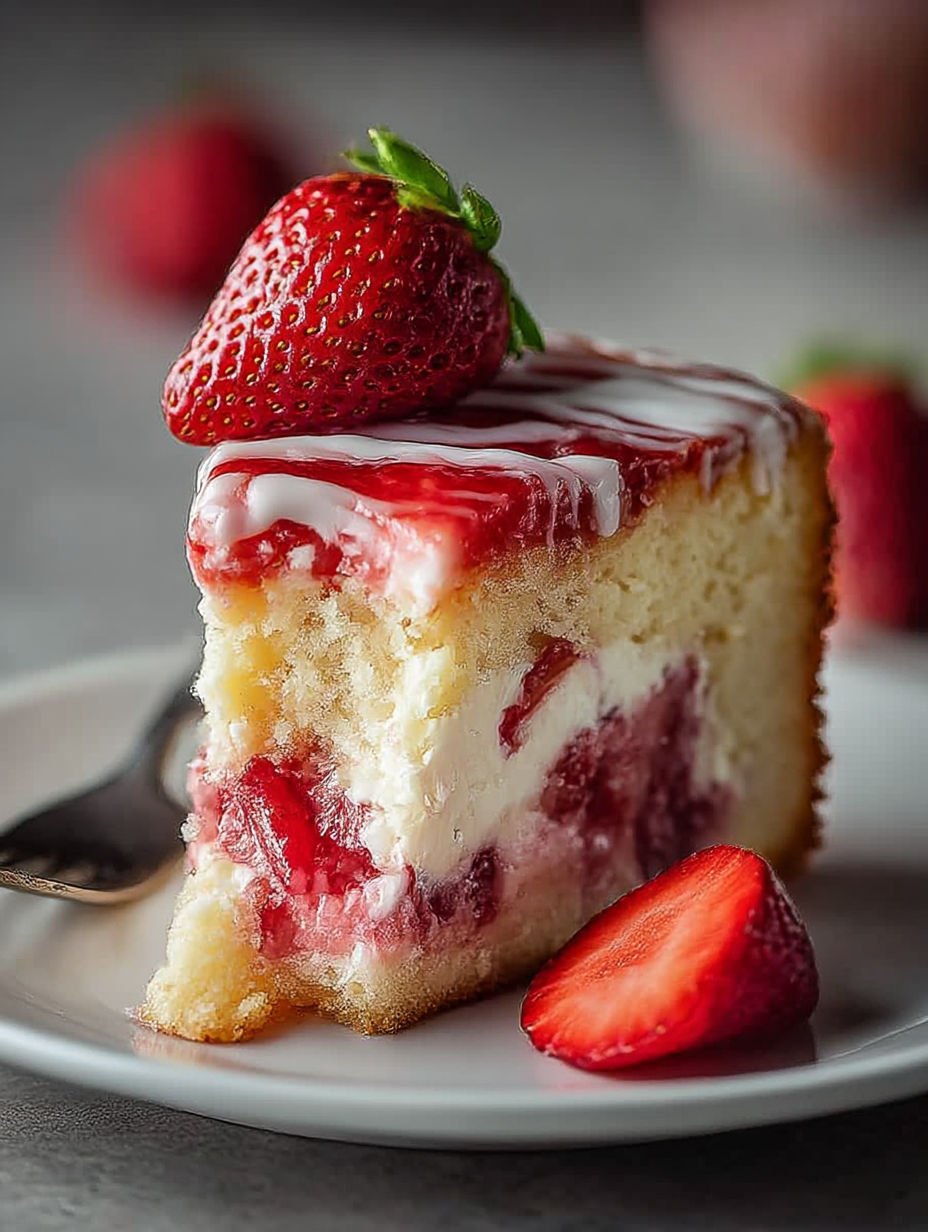 A slice of cake with strawberries on top.