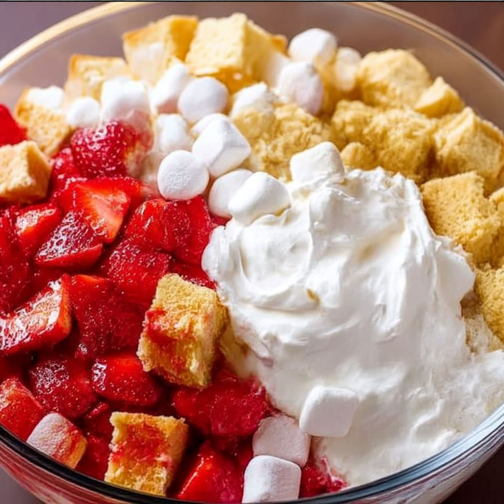 A bowl of strawberries and marshmallows.
