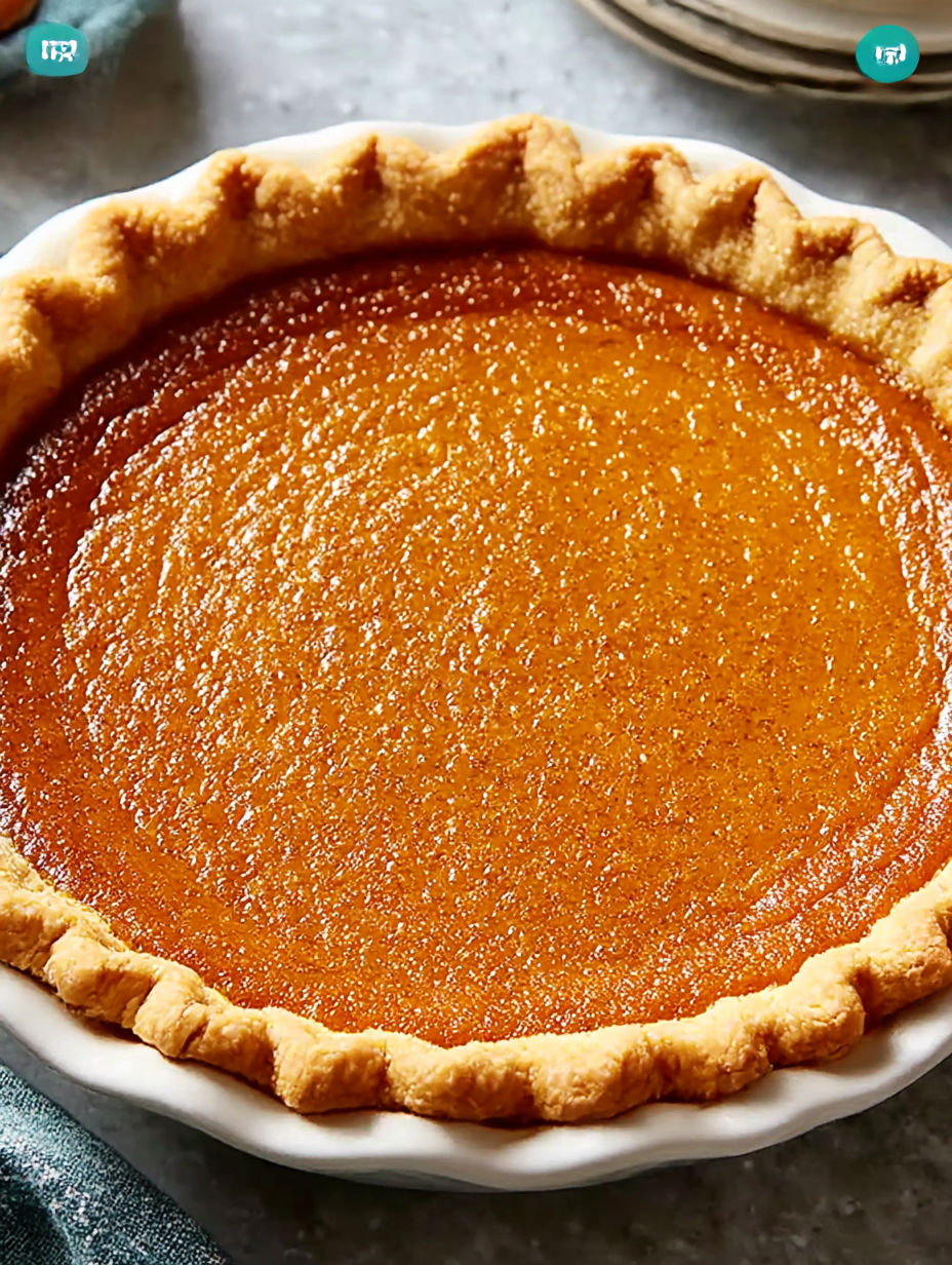 A pie with a golden crust and a filling of pumpkin.