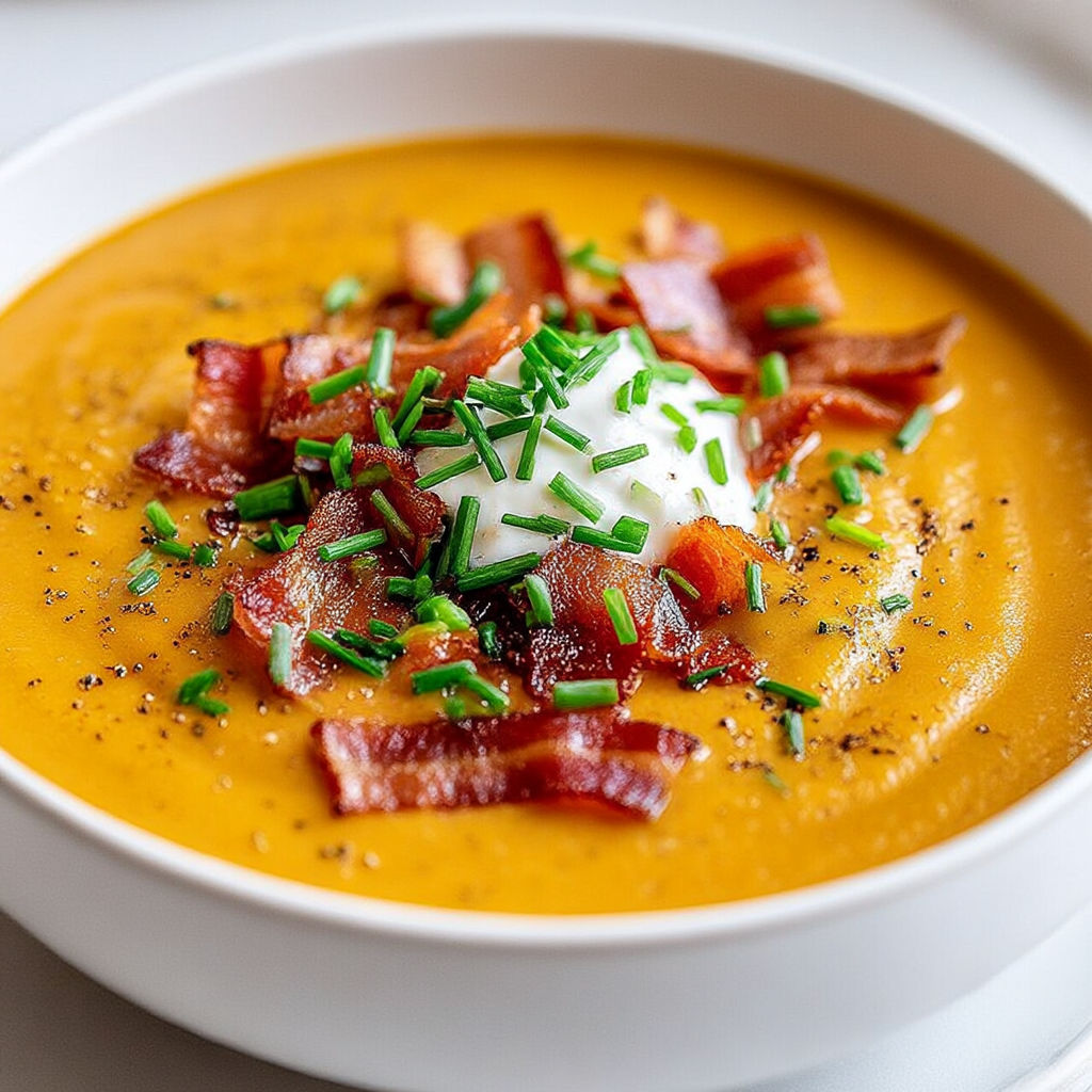 A bowl of soup with bacon and green onions.