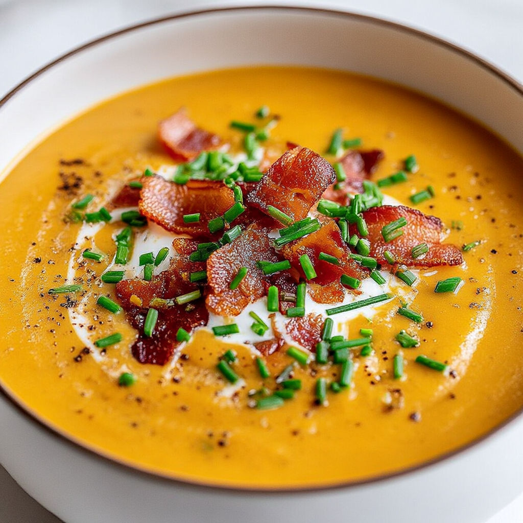 A bowl of soup with bacon and green onions.