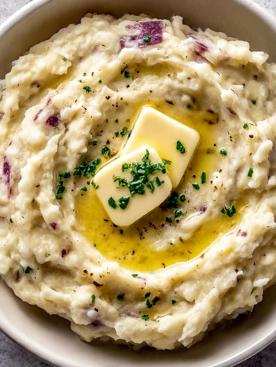A bowl of mashed potatoes with butter on top.