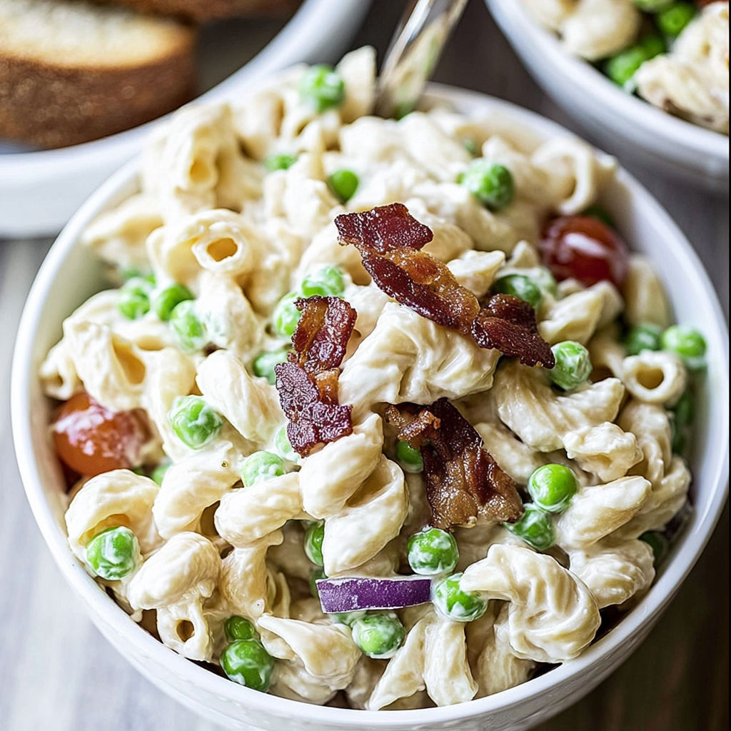 A bowl of pasta with peas and bacon.