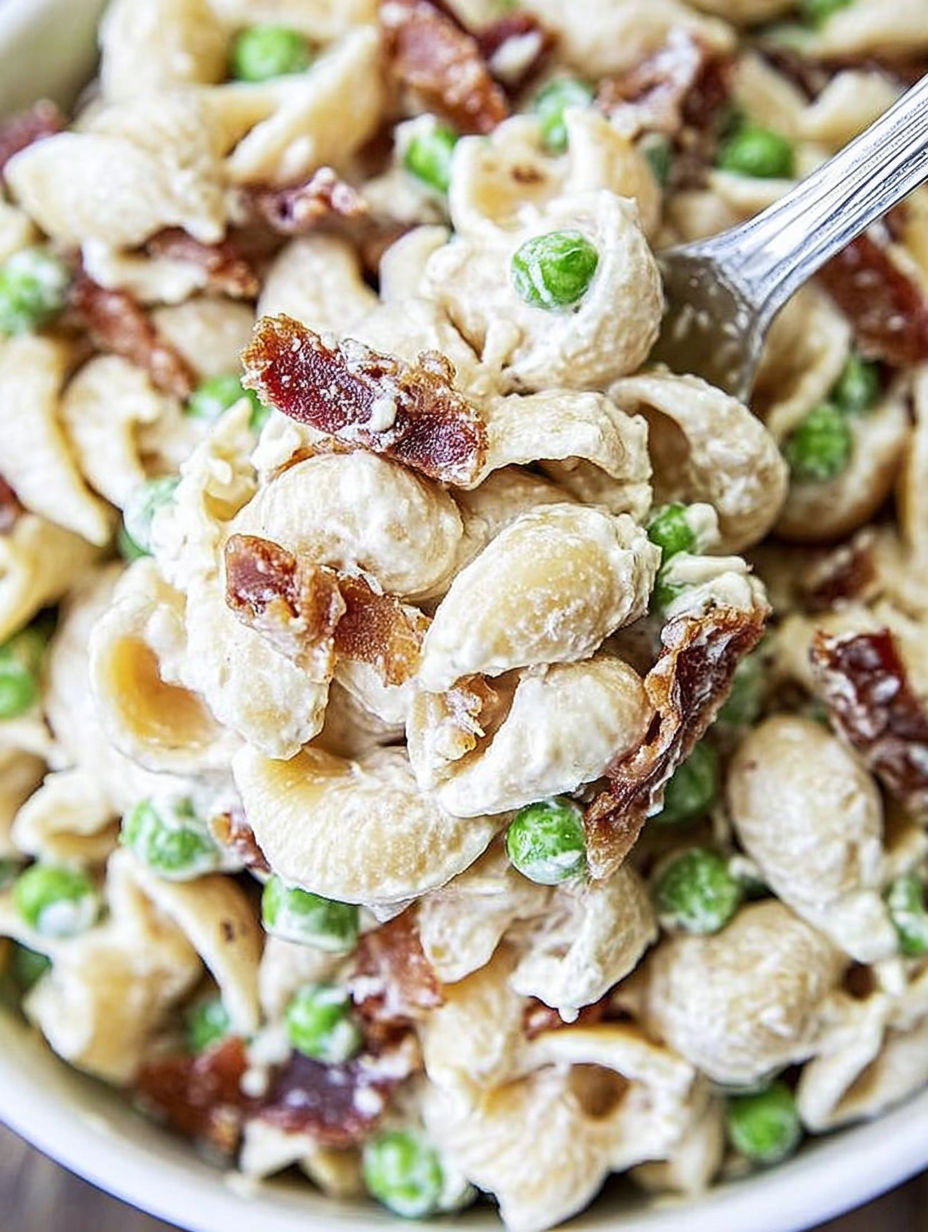 A fork is in a bowl of pasta with peas and bacon.