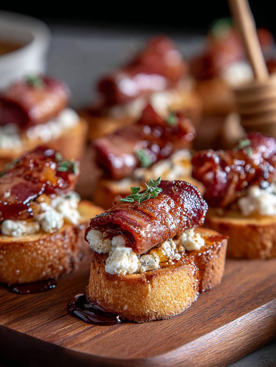 Bacon wrapped around a piece of meat on a toast.