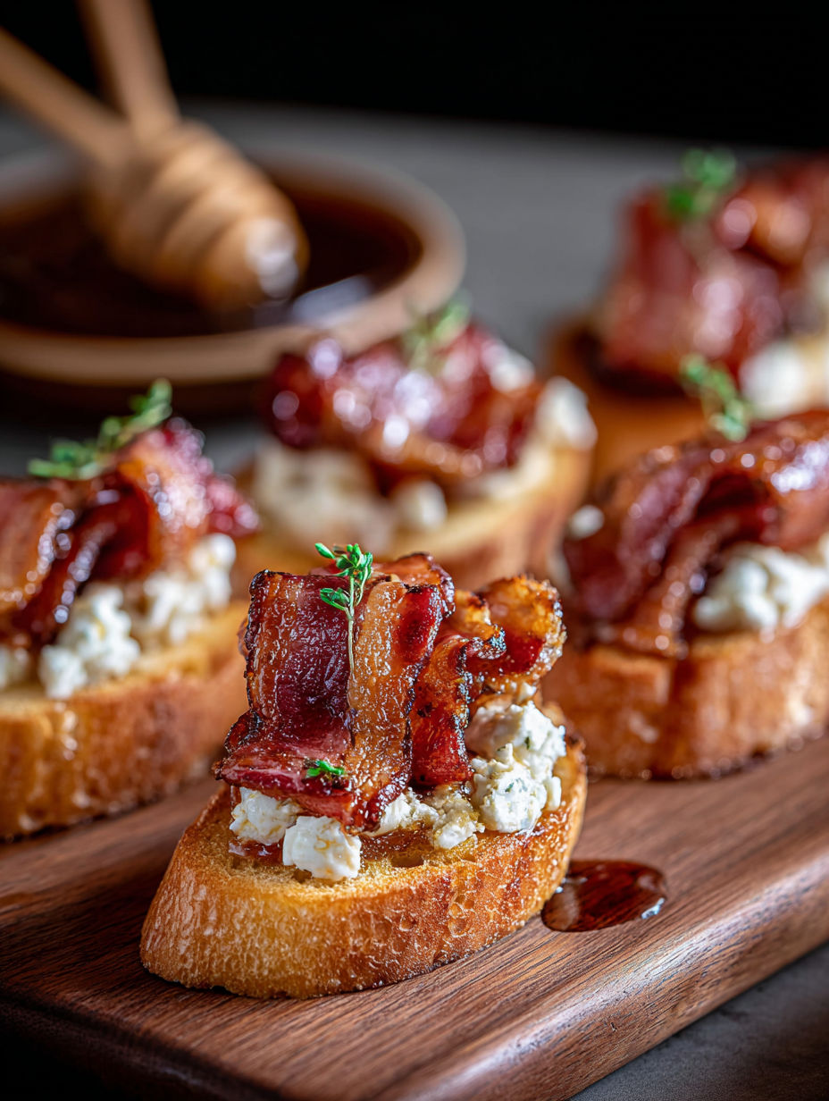 Bacon wrapped appetizers on a wooden platter.