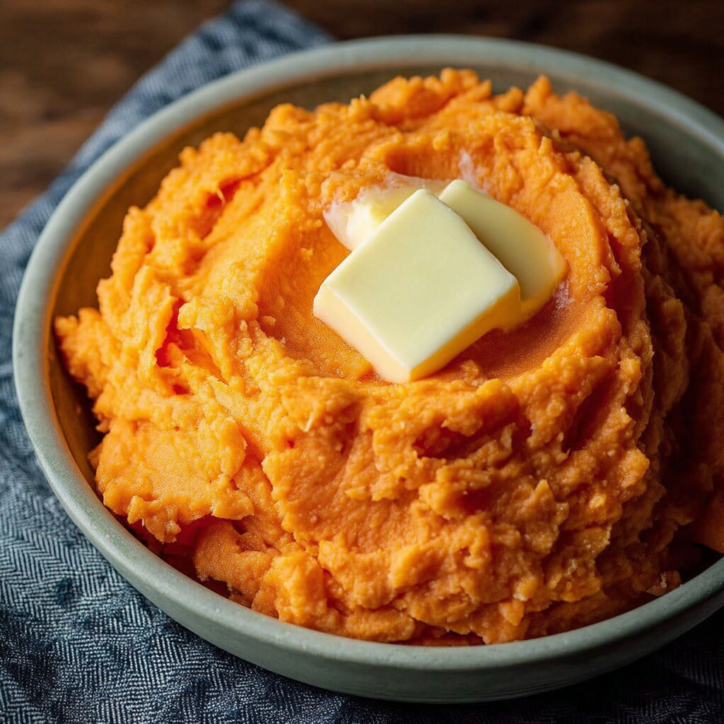 A bowl of mashed sweet potatoes with butter on top.