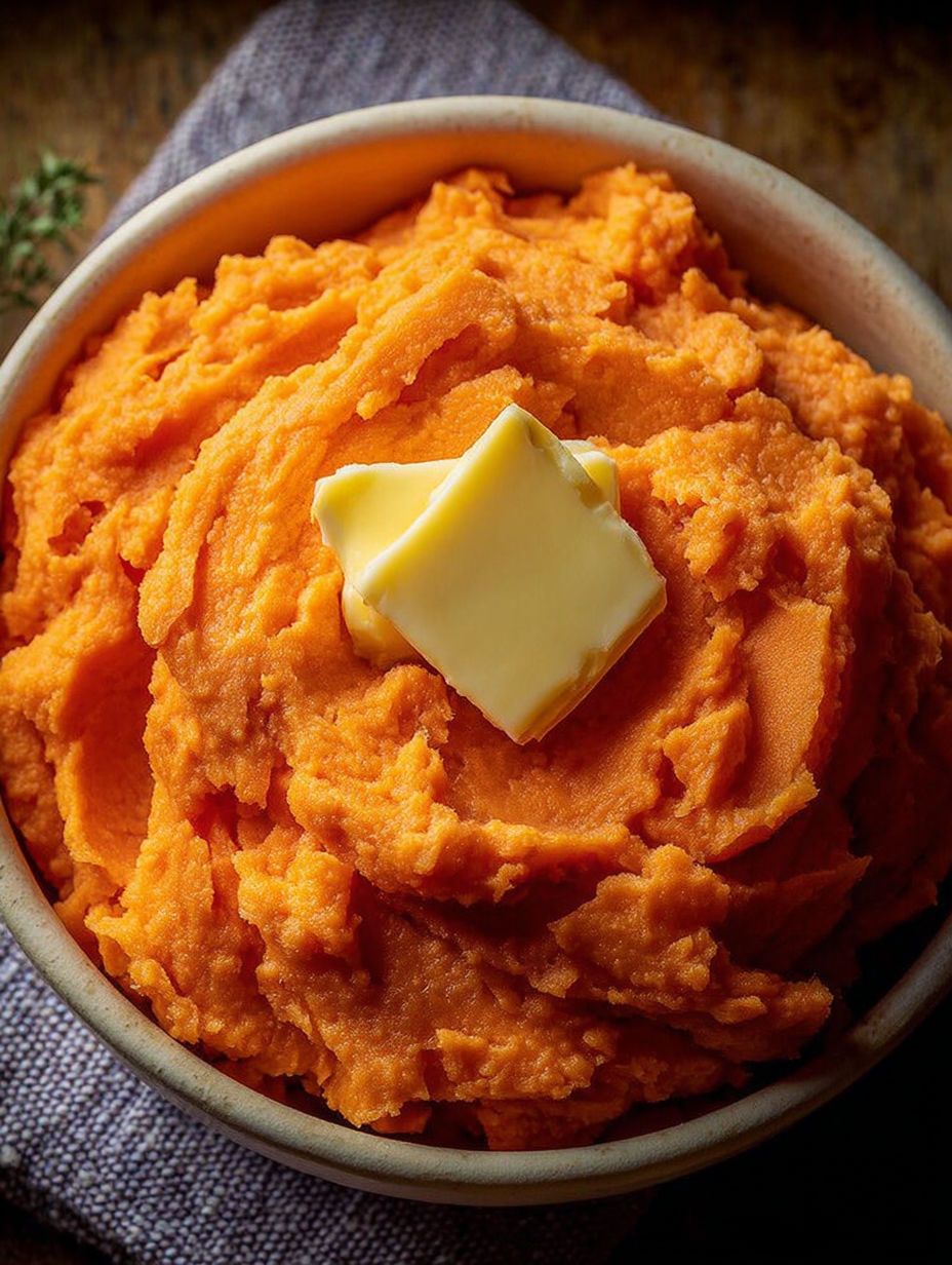 A bowl of mashed sweet potatoes with a piece of butter on top.