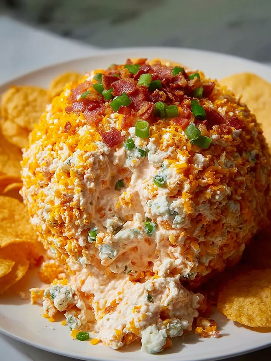 A plate of food with a bacon and cheese covered ball on top.