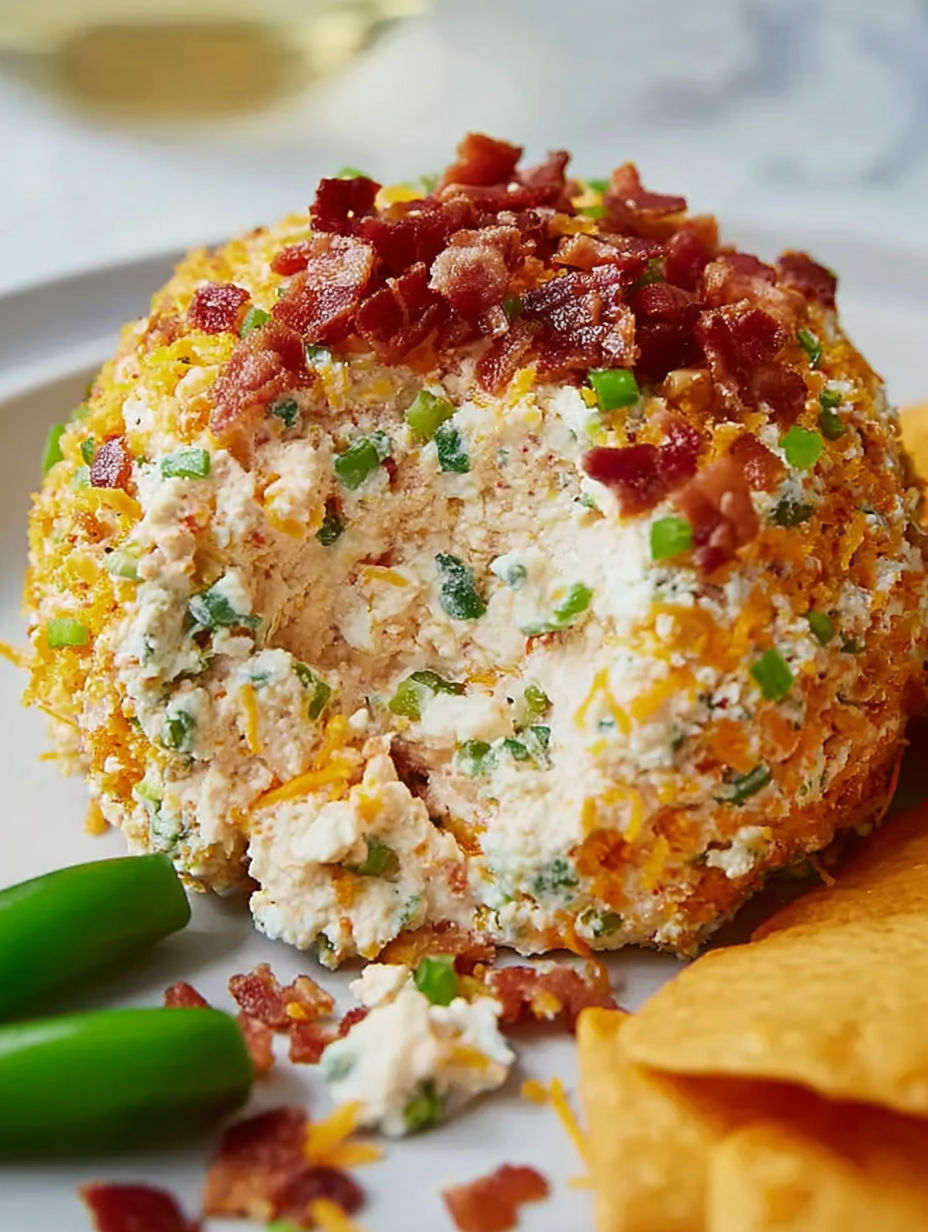A plate of food with a bacon wrapped cheese ball.