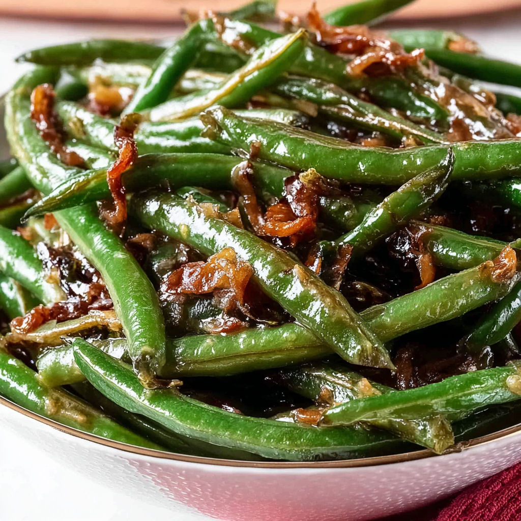A plate of green beans with a brown sauce.