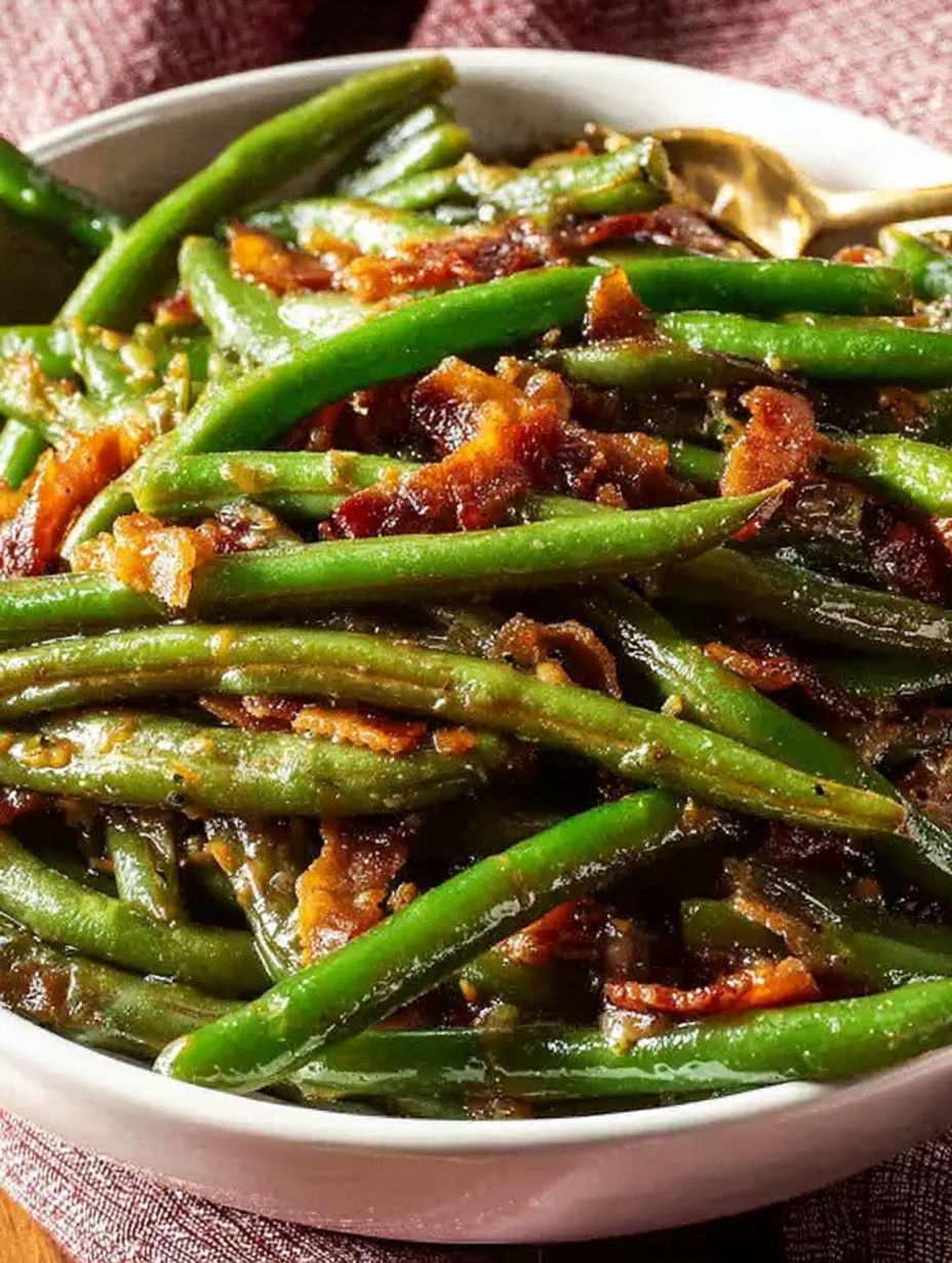 A bowl of green beans with bacon.