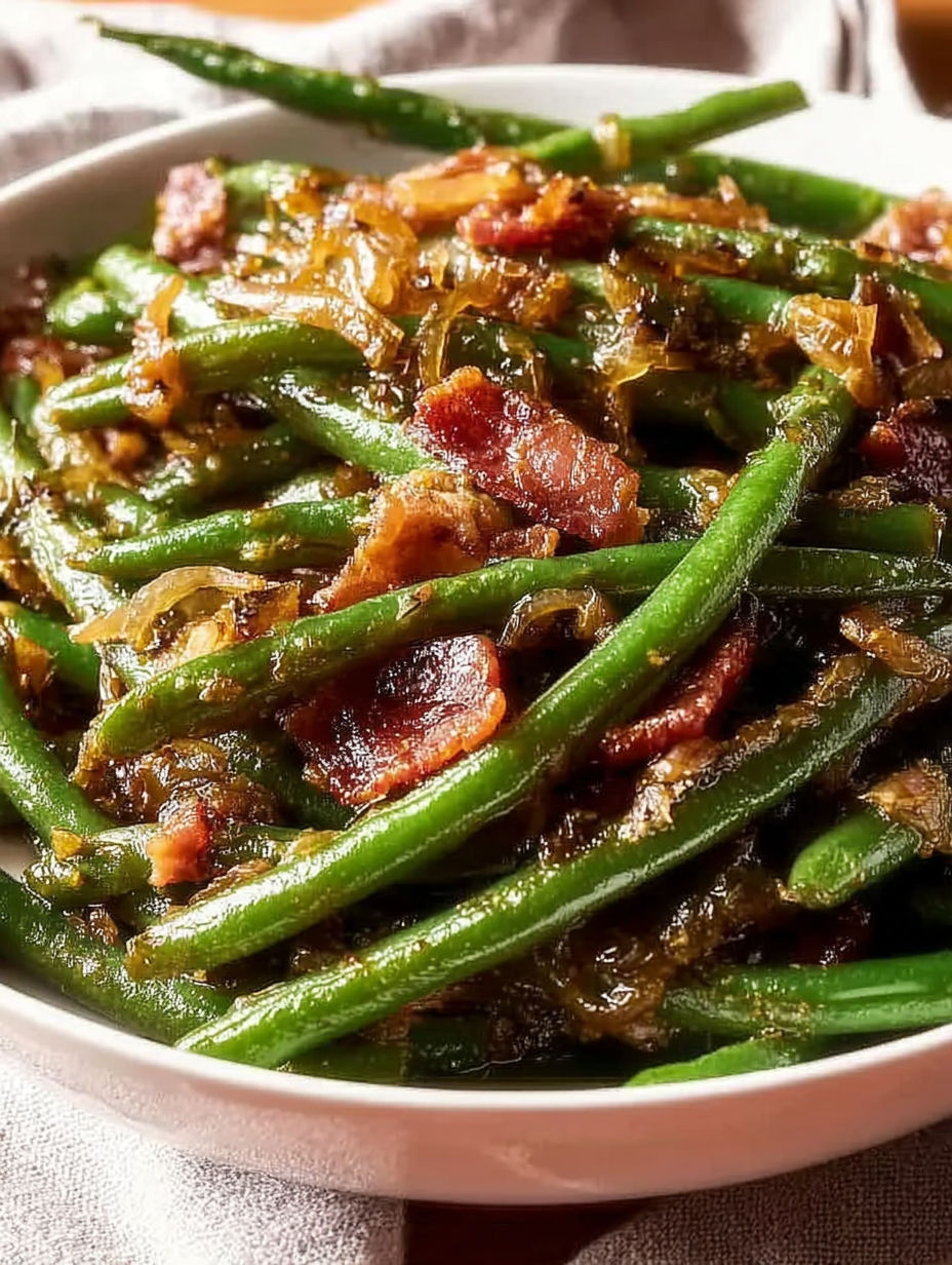 A plate of food with green beans and bacon.