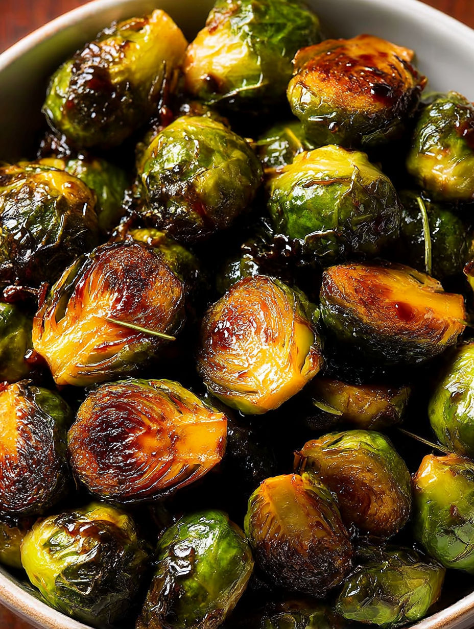 A close up of a plate of cooked brussels sprouts.