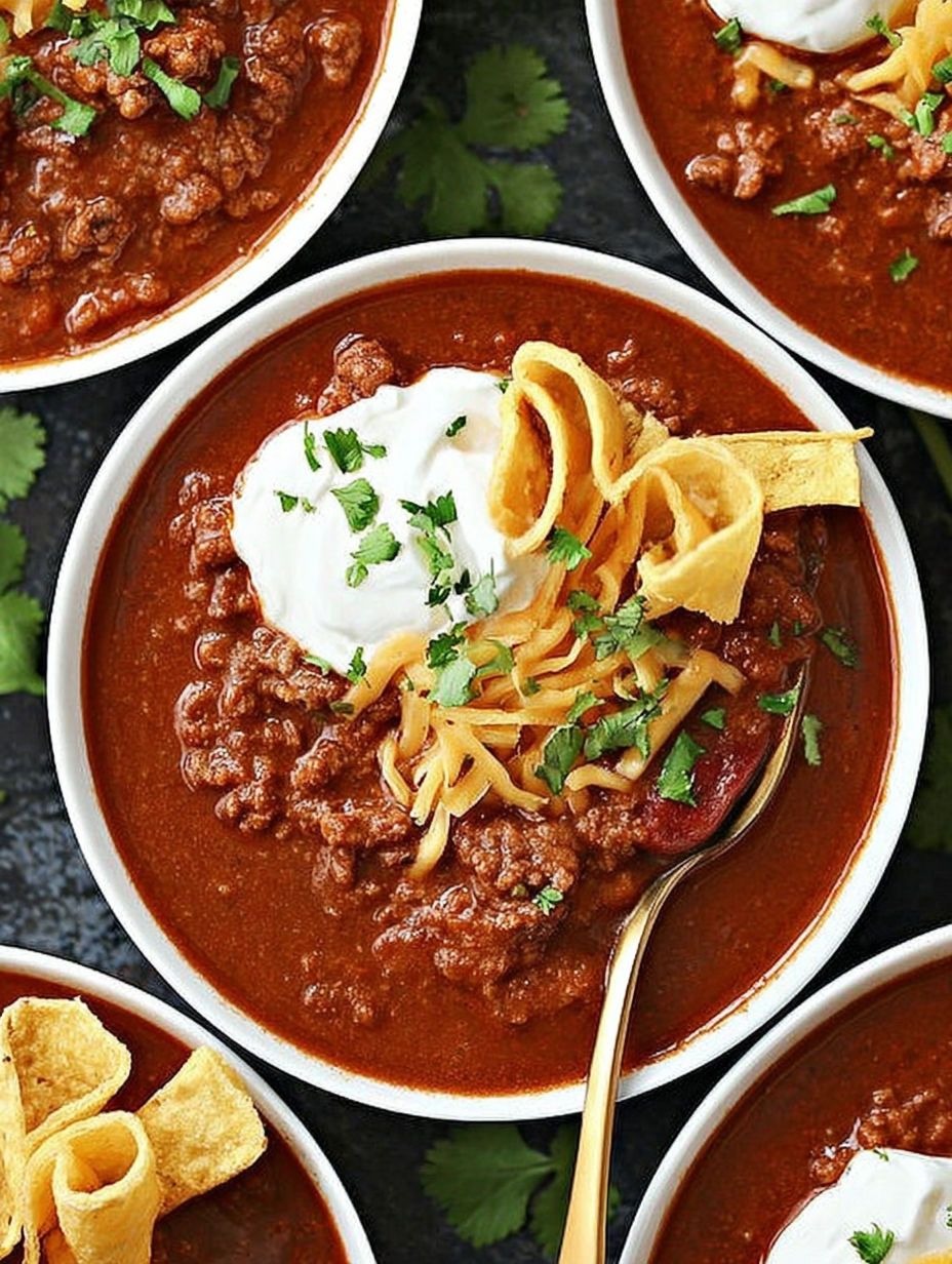 A bowl of chili with a spoon in it.