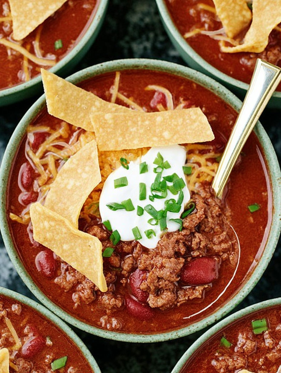 A bowl of chili with a spoon in it.