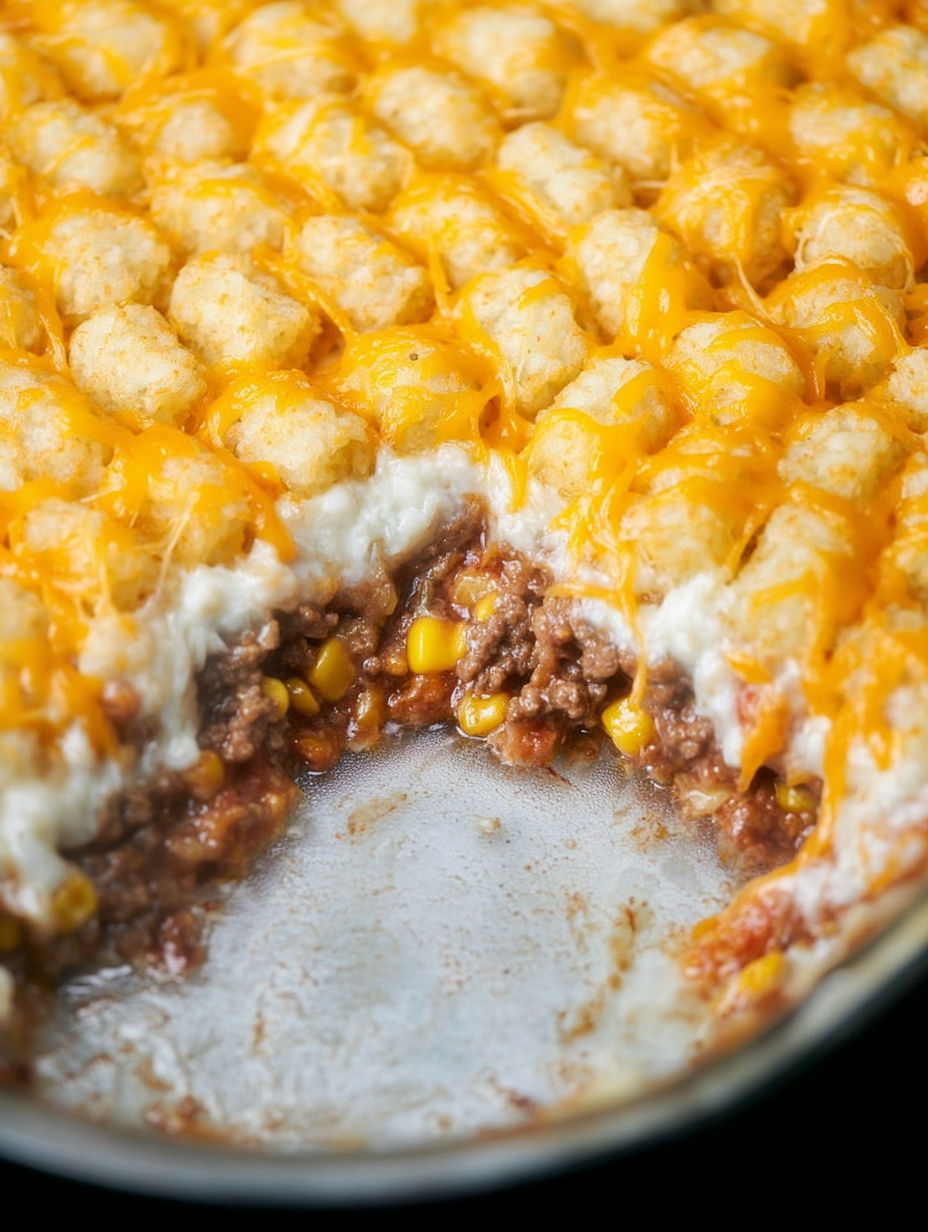 A slice of a casserole with corn flakes and cheese.