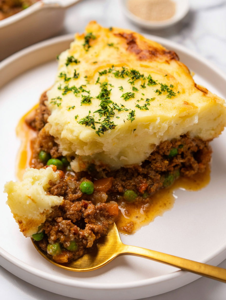 A piece of food with peas and potatoes.