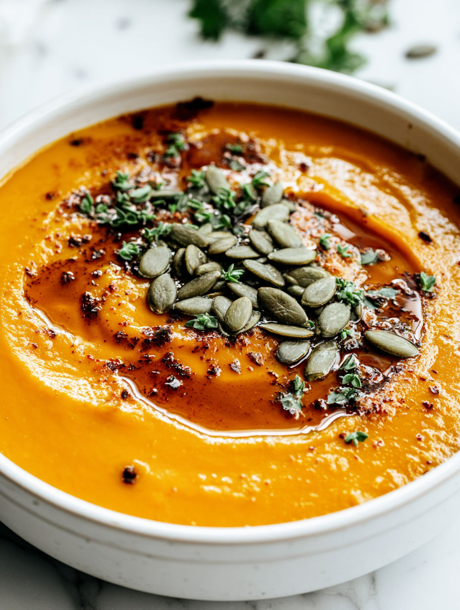 A bowl of soup with a pumpkin seed on top.