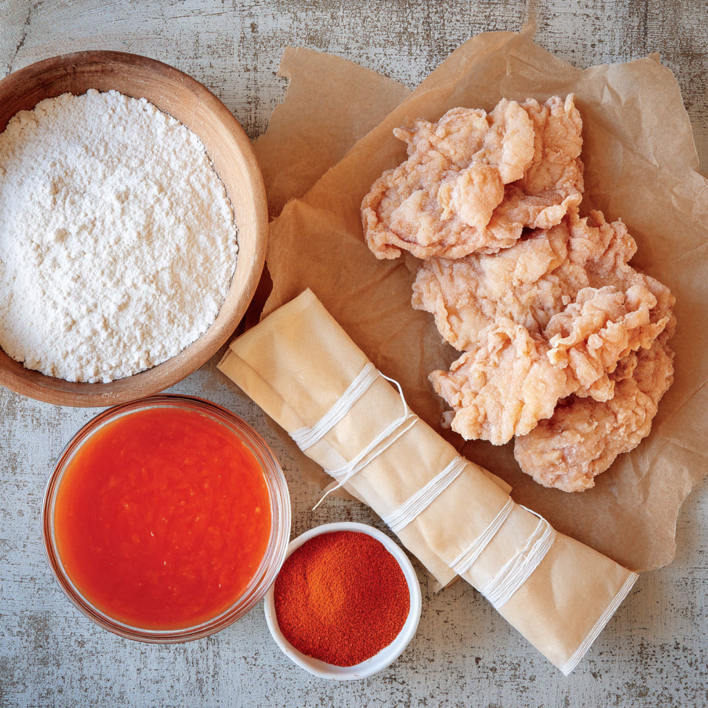 A bowl of flour and a bowl of seasoning.