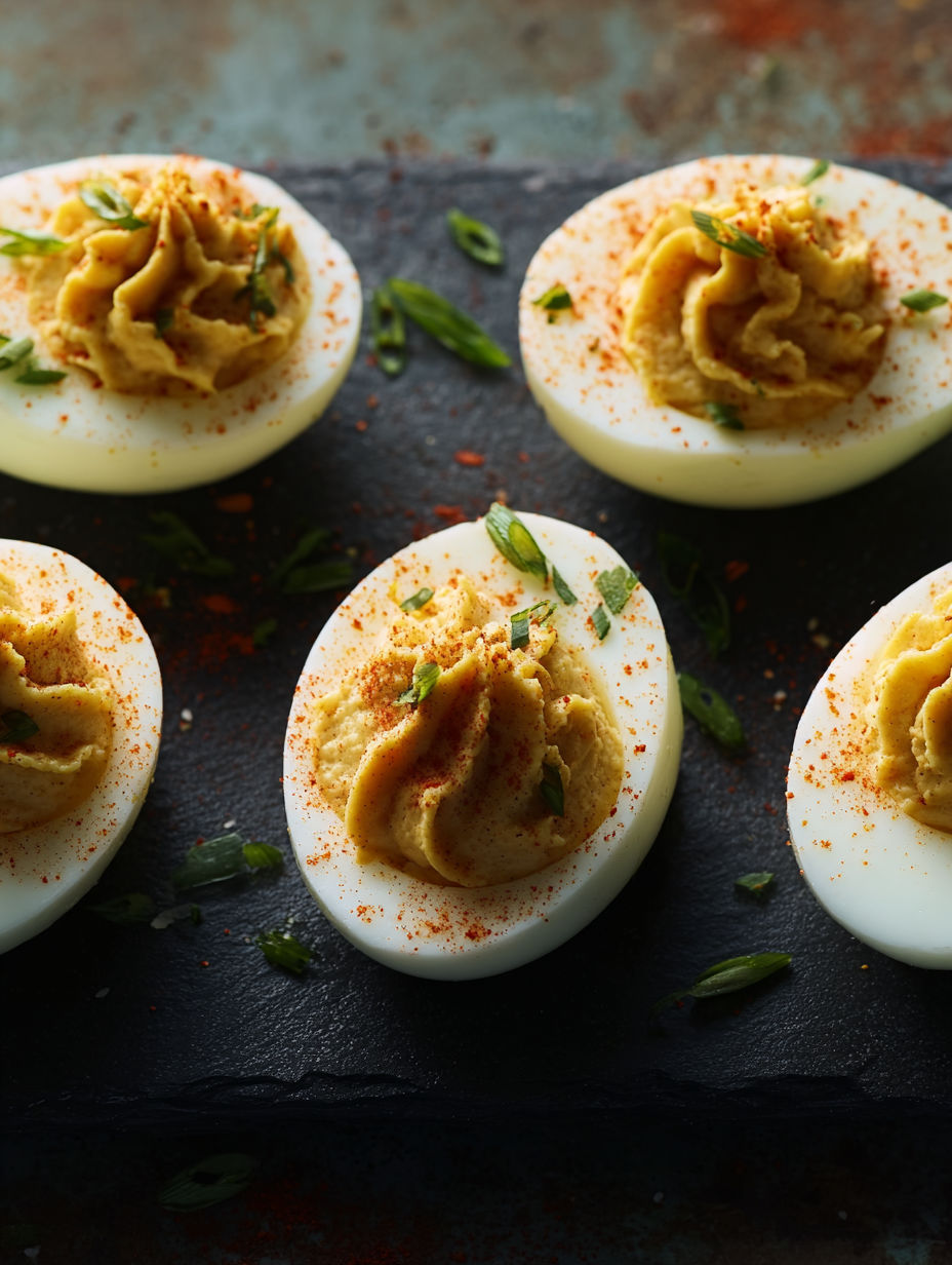 A plate of eggs with a spoonful of mustard on top.