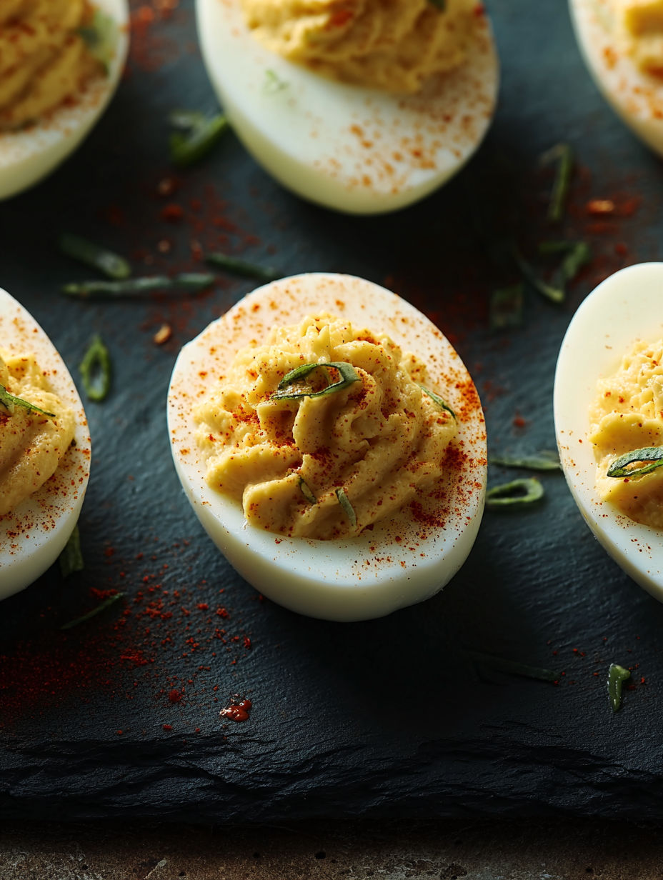 A close up of a hard boiled egg with a spoonful of mustard on top.
