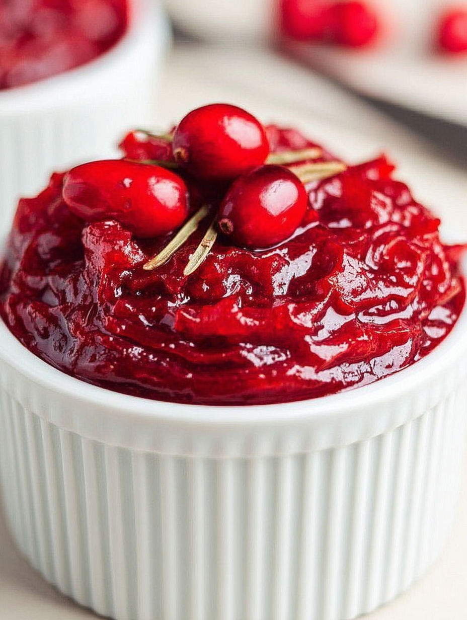 A bowl of red cranberry sauce.
